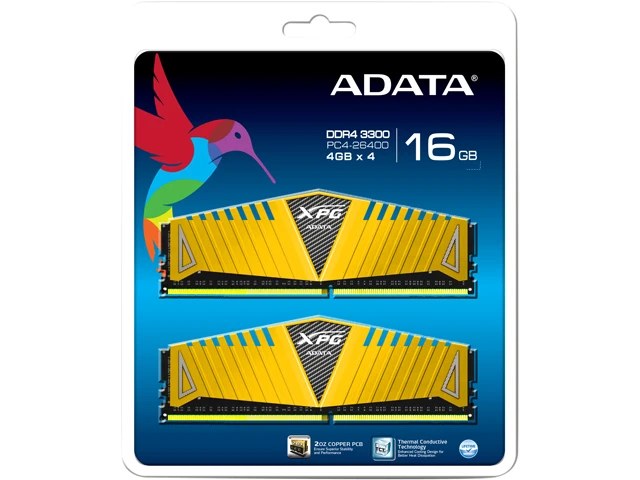 Adata AX4U3300W4G16-QGZ XPG z1 , jet wing-inspired yellow heatsink with 2oz Copper 10-layer PCB , 4Gb x 4 kit - support Intel XMP ( eXtreme Memory Profiles ) , Ddr4-3300 ( pc4-26400) , CL16 , 1.2v - 288pin - lifetime warranty