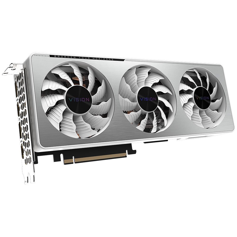 Gigabyte GV-N3070VISION OC-8GD - rtx3070 Vision Oc ( white housing ) - with Fusion2.0 RGB Lighting , Windforce 3X , 2 slots required , 3x 80mm unique blade stack fans with alternate spinning for max-covered cooling , back-sided heatsink + 5x 10mm copper heatpipes with DTH (Direct Touch Heatpipes) , 8nm , Pci-E 4.0 16x , 8Gb 256bit DDR6 (448Gb/sec memory transfer ) , RoPs : 96 , 5888 cuda cores , Tensor / RT cores : 184/46 with 5.75mb L1 + 4mb L2 cache , 165 GPexels/Sec , 317 GTexels/Sec , 20310 GFLoPS , 184x TMUs , core clock : 1725/1815mhz ; memory : 14000mhz , 2x DP+ 2x HDMi - require 8pin+6pin power connector