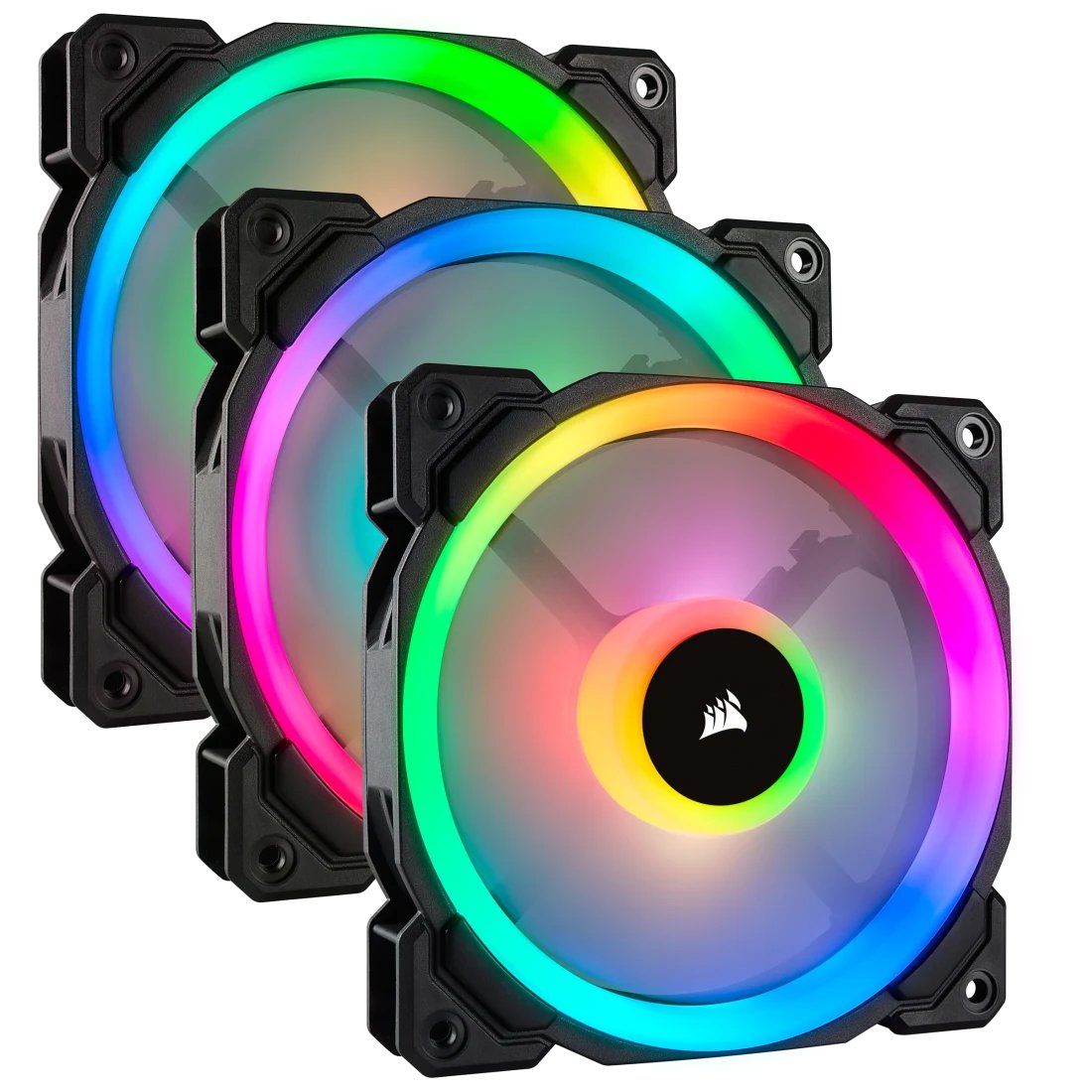 Corsair Co-9050072-WW LL120 RGB blacK frame - x3 kit + ( lighting node pro ) + 6port Hub - with 16x RGB LEDs in 2 separate light loops ; 120x120x25mm , advanced hydraulic bearing , 9 blades PWM fans , rubber corners for noise reduction , 600-1500rpm , 24.8dBA , 43.25CFM , 1.61 mm/H2o static pressure