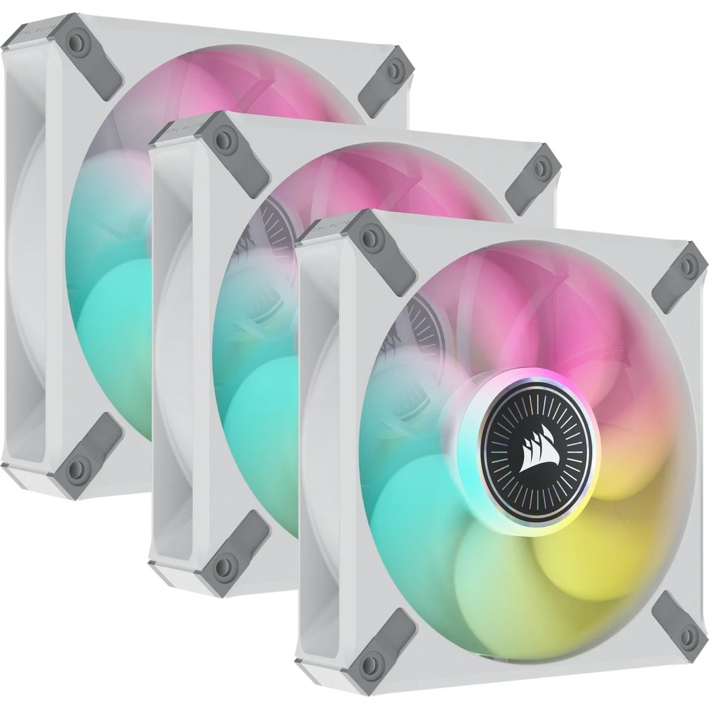 Corsair Co-9050117-WW ML120 Elite RGB White Tripple x3 kit + Controller ( lighting node core ) - with 8x RGB LEDs , 120x120x25mm , Premium Magnetic Levitation bearing , 7 blades PWM fans with airGuide , 450-2000rpm , 10-30dBA , 15-58CFM , 0.3-2.9mm/H2o static pressure