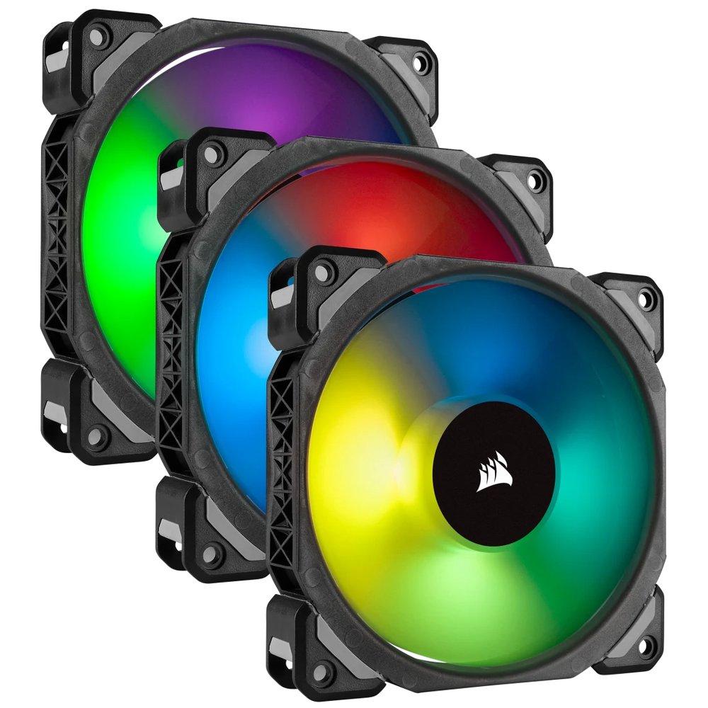 Corsair Co-9050076-WW ML120 Pro RGB ( 12x RGB LEDs ) x3 kit + ( lighting node pro ) + 6port Hub - black+black , replaceable corners mounted to anti-vibration rubber dampers , 120x120x25mm , Premium Magnetic Levitation bearing , 7 blades PWM fans , 400-1600rpm , 25dBA , 47.3CFM , 1.78mm/H2o static pressure