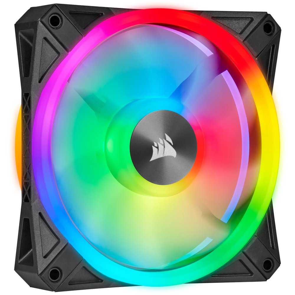 Corsair Co-9050097-WW QL120 RGB black frame - with 34x RGB LEDs in 2+2 ( double sided ) separate light loops ; 120x120x25mm , advanced hydraulic bearing , 9 blades PWM fans , rubber corners for noise reduction , 600-1500rpm , 26dBA , 41.8CFM , 1.55 mm/H2o static pressure