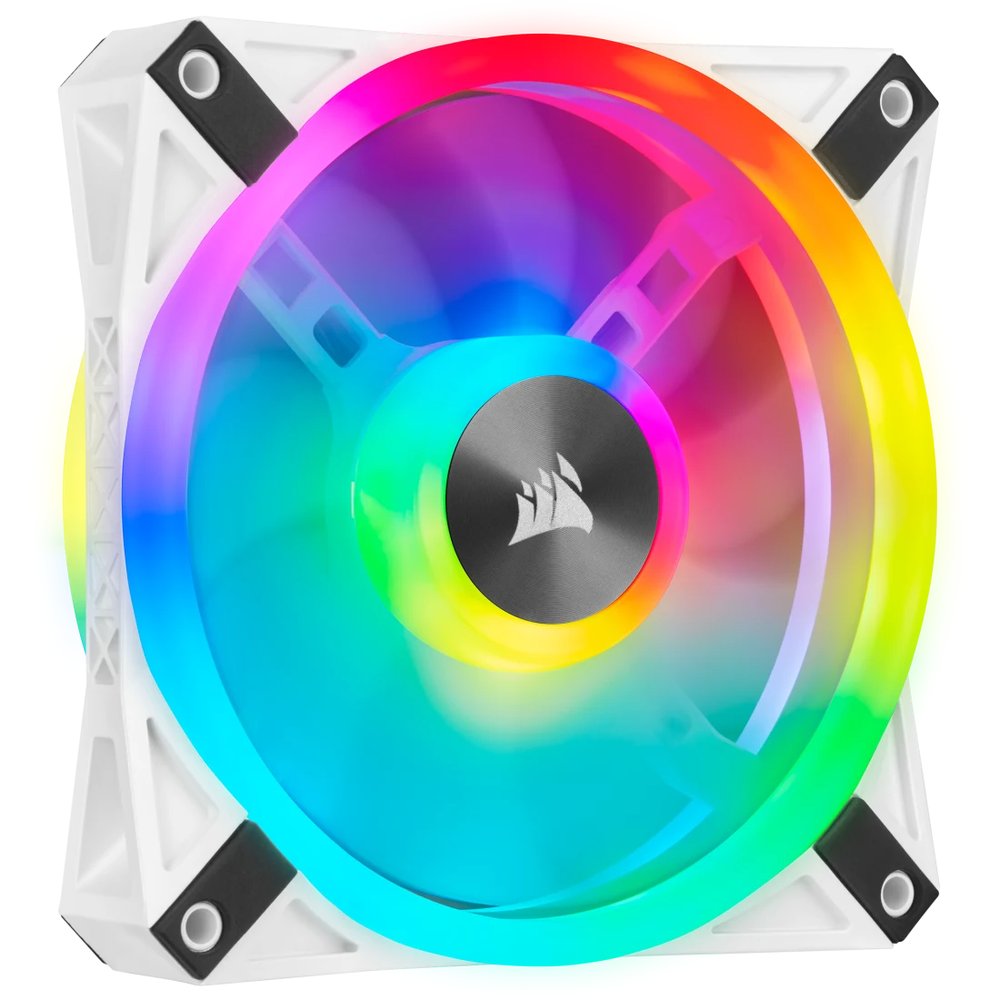 Corsair Co-9050103-WW QL120 RGB White frame - with 34x RGB LEDs in 2+2 ( double sided ) separate light loops ; 120x120x25mm , advanced hydraulic bearing , 9 blades PWM fans , rubber corners for noise reduction , 600-1500rpm , 26dBA , 41.8CFM , 1.55 mm/H2o static pressure