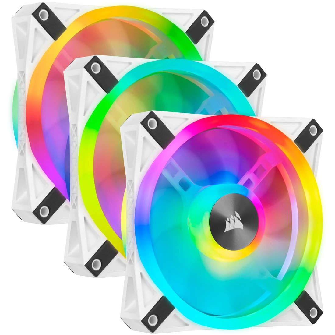 Corsair Co-9050104-WW QL120 RGB White frame - x3 kit + 6port Hub ( lighting node core ) , with 34x RGB LEDs in 2+2 ( double sided ) separate light loops ; 120x120x25mm , advanced hydraulic bearing , 9 blades PWM fans , rubber corners for noise reduction , 600-1500rpm , 26dBA , 41.8CFM , 1.55 mm/H2o static pressure