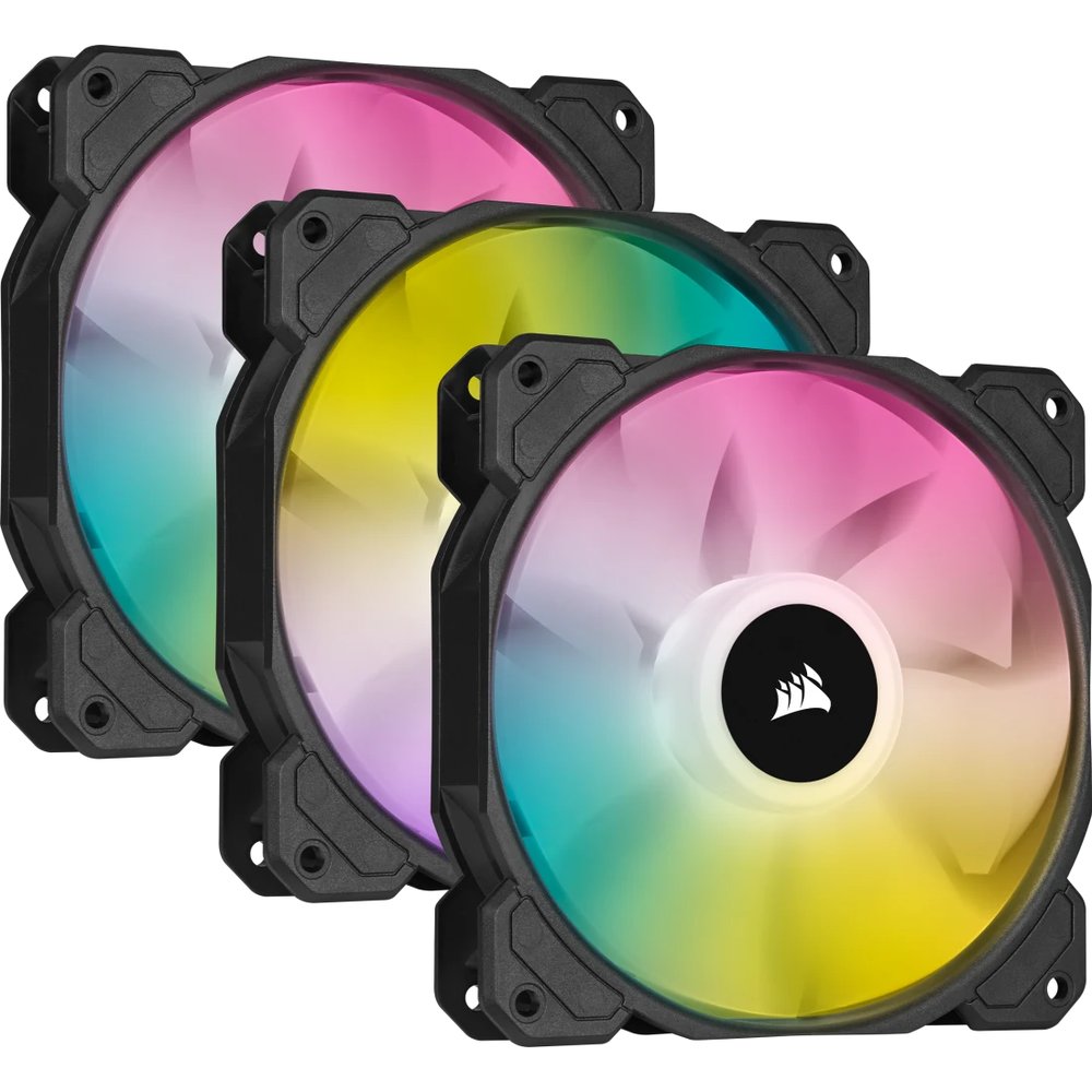 Corsair Co-9050109-WW SP120 RGB Elite Tripple (x3) + 6port Hub ( lighting node core ) - with 8x RGB LEDs , 4x lighting effects ; 120x120x25mm , advanced hydraulic bearing , 7 blades , rubber corners for noise reduction , 550-1500rpm , 18-26.5dBA , 16.91-47.73CFM , 0.28-1.46 mm/H2o static pressure