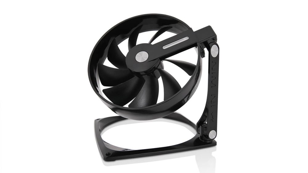 Inwin Mars with blacK fin - multi-function case fan - with fan arm ( 3 rotating hinges to adjust position + angle ) , 2.5mm modular connector for daisychain ( no controller required ) , with 2.5mm to USB function as desktop usb fan , aluminium + shockproof rubber , 120x120x25mm , double ball bearing , 9x black blades PWM fans , 600-1400rpm , 25dBA , 38.73 CFM , 0.69 mm/H2o static pressure