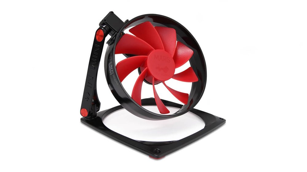 Inwin Mars with Red fin - multi-function case fan - with fan arm ( 3 rotating hinges to adjust position + angle ) , 2.5mm modular connector for daisychain ( no controller required ) , with 2.5mm to USB function as desktop usb fan , aluminium + shockproof rubber , 120x120x25mm , double ball bearing , 9x red blades PWM fans , 600-1400rpm , 25dBA , 38.73 CFM , 0.69 mm/H2o static pressure