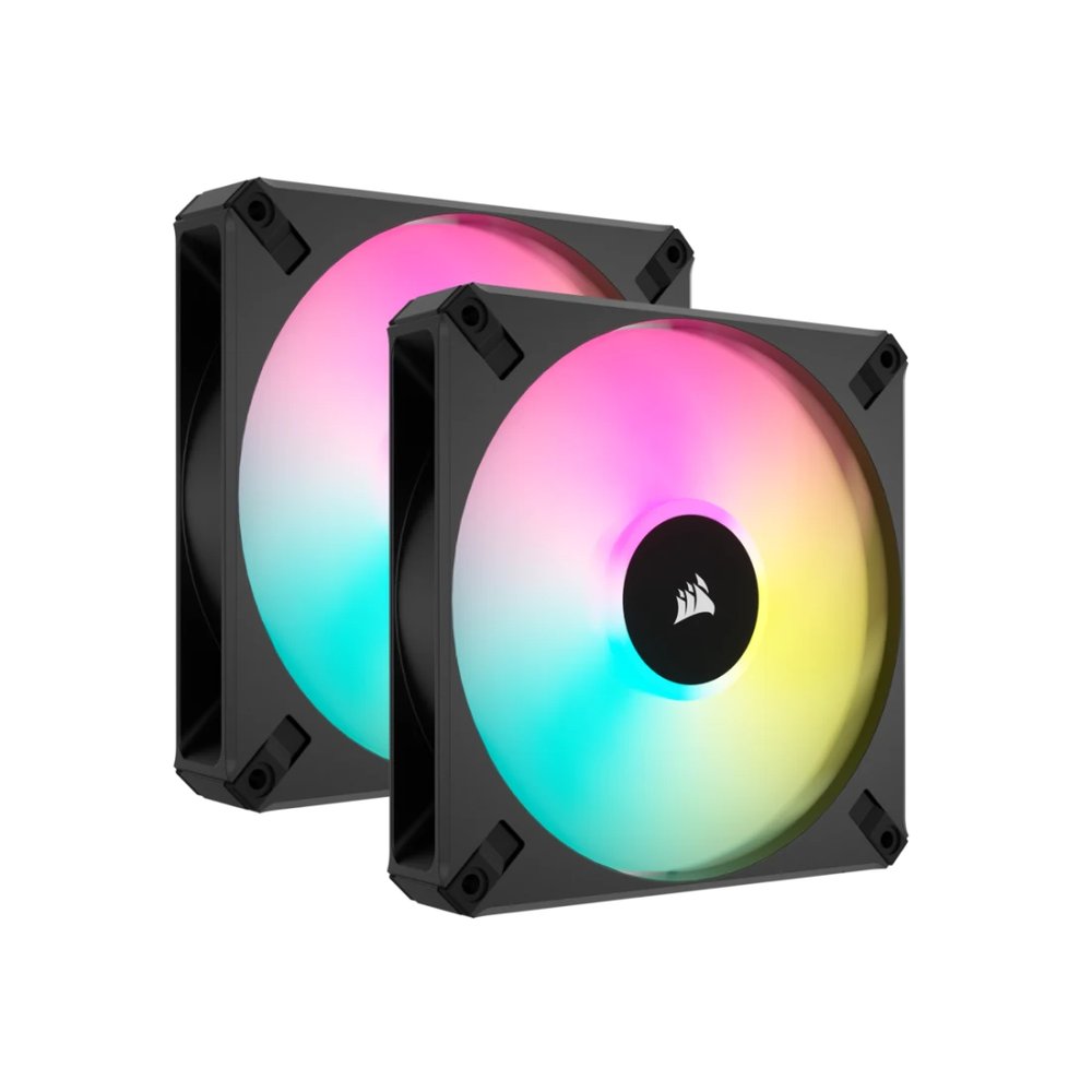 Corsair Co-9050156-WW AF140 Elite RGB Dual x2 kit blacK + Controller ( lighting node core ) - with 8x RGB LEDs , 140x140x25mm , Fluid Dynamic Bearing , 7 blades PWM fans with airGuide , 500-1700rpm , 5-33.8dBA , 19.5-89CFM , 0.16-2mm/H2o static pressure