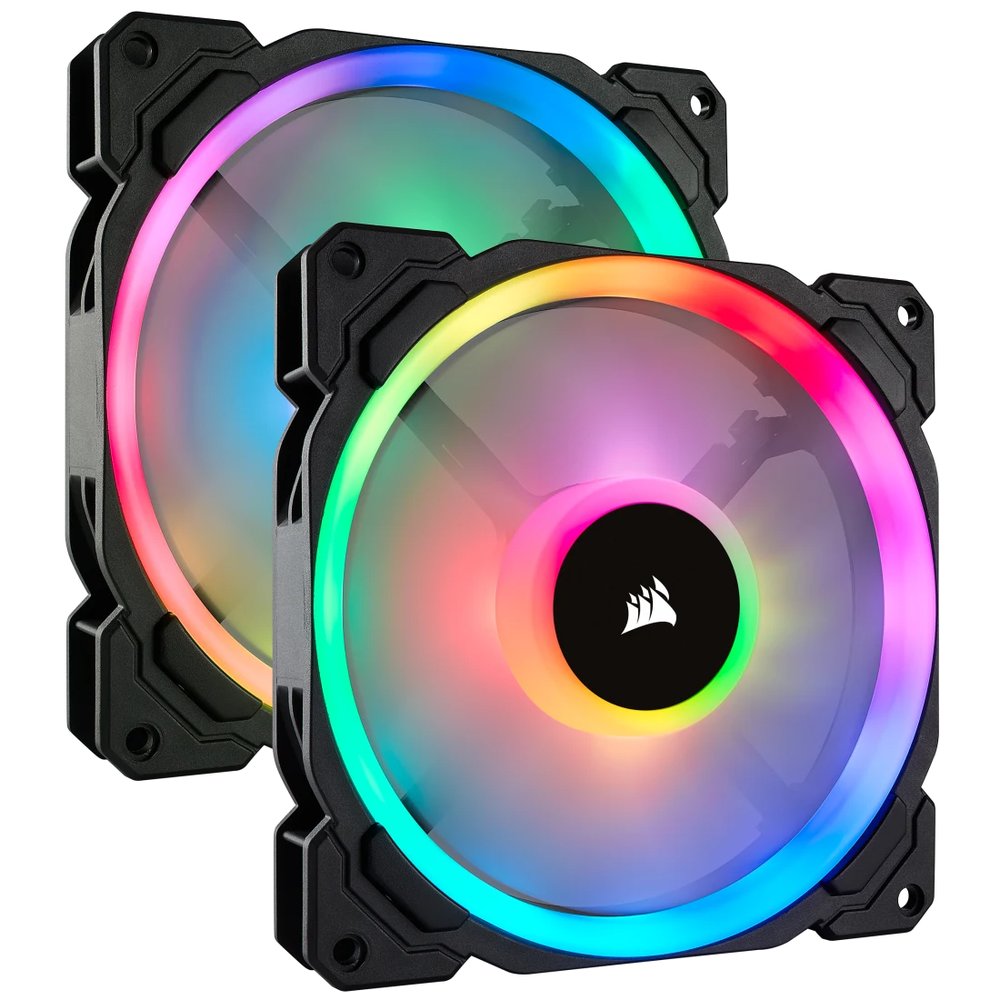 Corsair Co-9050074-WW LL140 RGB - x2 kit + Controler ( lighting node pro ) + 6port Hub - with 16x RGB LEDs in 2 separate light loops ; 140x140x25mm , advanced hydraulic bearing , 9 blades PWM fans , rubber corners for noise reduction , 600-1300rpm , 25dBA , 51.5CFM , 1.52 mm/H2o static pressure