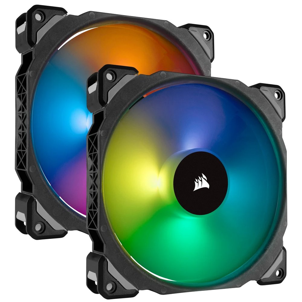 Corsair Co-9050078-WW ML140 Pro RGB ( 12x RGB LEDs ) x2 kit + Controler ( lighting node pro ) + 6port Hub - black+black , replaceable corners mounted to anti-vibration rubber dampers , 120x120x25mm , Premium Magnetic Levitation bearing , 7 blades PWM fans , 400-1200rpm , 20.4dBA , 55.4CFM , 1.27mm/H2o static pressure