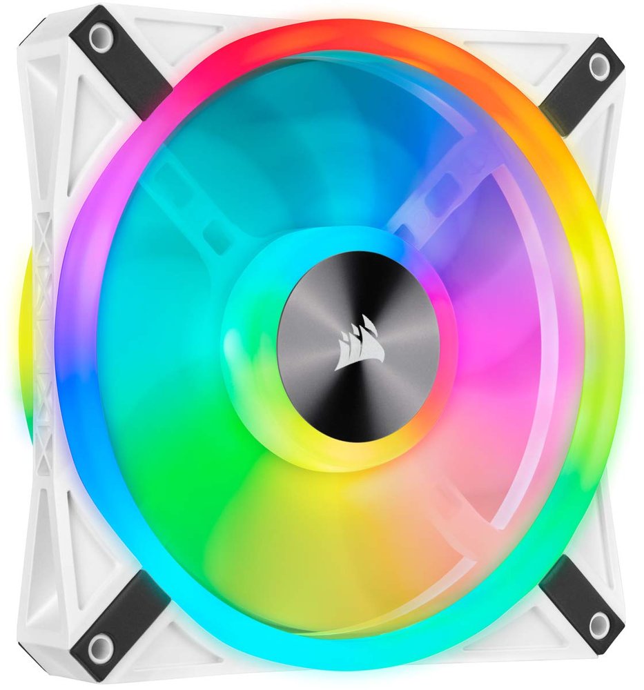 Corsair Co-9050105-WW QL140 RGB White frame - with 34x RGB LEDs in 2+2 ( double sided ) separate light loops ; 140x140x25mm , advanced hydraulic bearing , 9 blades PWM fans , rubber corners for noise reduction , 600-1250rpm , 26dBA , 50.2CFM , 1.4 mm/H2o static pressure