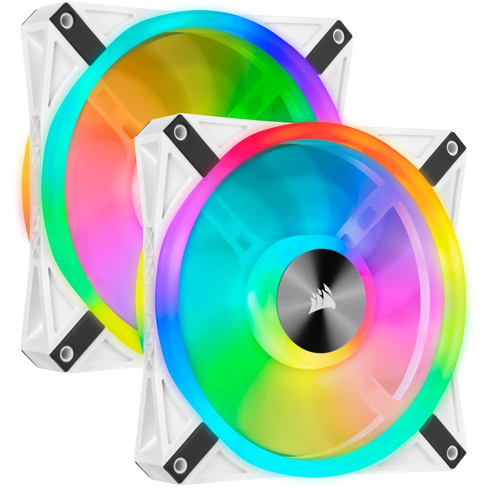Corsair Co-9050106-WW QL140 RGB White frame - x2 kit + 6port Hub ( lighting node core ) , with 34x RGB LEDs in 2+2 ( double sided ) separate light loops ; 140x140x25mm , advanced hydraulic bearing , 9 blades PWM fans , rubber corners for noise reduction , 600-1250rpm , 26dBA , 50.2CFM , 1.4 mm/H2o static pressure