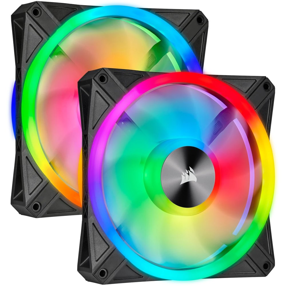 Corsair Co-9050100-WW QL140 RGB blacK frame - x2 kit + 6port Hub ( lighting node core ) , with 34x RGB LEDs in 2+2 ( double sided ) separate light loops ; 140x140x25mm , advanced hydraulic bearing , 9 blades PWM fans , rubber corners for noise reduction , 600-1250rpm , 26dBA , 50.2CFM , 1.4 mm/H2o static pressure