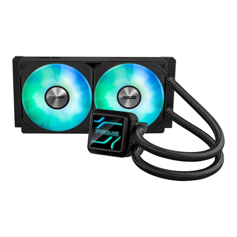 Asus Prime LC 240 ARGB All-in-One Liquid Cooler - with customizable infinity mirror lenses , copper base plate , 400mm reinforced sleeved tubing , 120x277x27mm aluminum radiator , with 2x 120mm PRIME LC 24025 Integrated PWM ARGB LED Fans , 600-2200rpm , 34dBA , 75.7CFM , 3.2mmH2O - for Intel: LGA115x / 1200 / 1700 / 1851 , AMD: AM4 / AM5