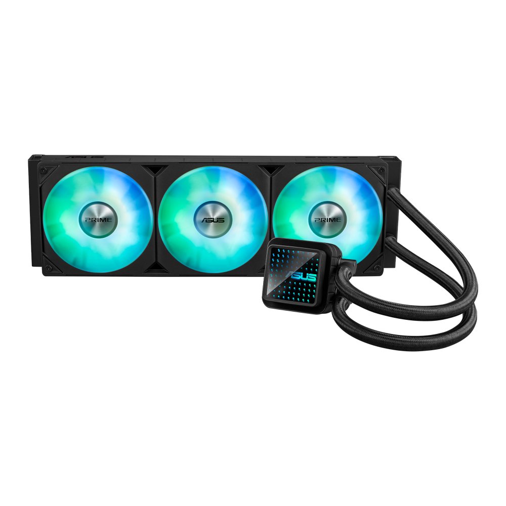 Asus Prime LC 360 ARGB All-in-One Liquid Cooler - with customizable infinity mirror lenses , copper base plate , 400mm reinforced sleeved tubing , 120x397x27mm aluminum radiator , with 3x 120mm PRIME LC 36025 Integrated PWM ARGB LED Fans , 600-2200rpm , 34dBA , 75.7CFM , 3.2mmH2O - for Intel: LGA115x / 1200 / 1700 / 1851 , AMD: AM4 / AM5