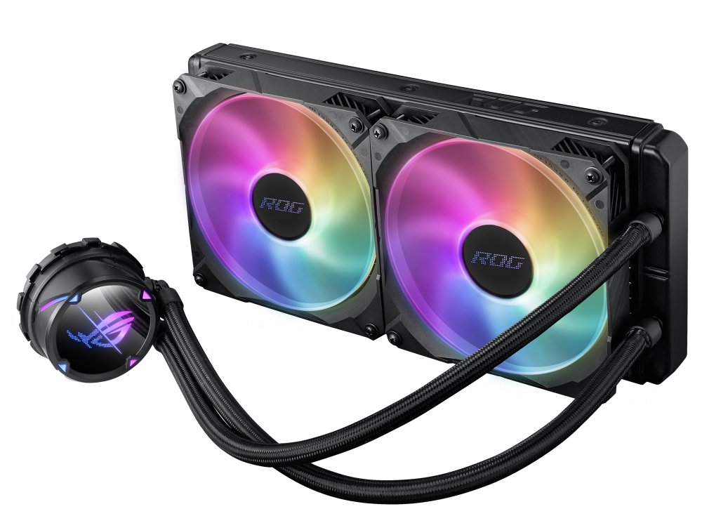 ASUS ROG Strix LC II 280 ARGB Liquid Cooler: High-performance CPU liquid cooling, ARGB radiator fans, Intel LGA 1700/1200/1150/1151/1155, AMD AM5/AM4, 380mm sleeved rubber tubing, Optimized fan design, 102.3 CFM, 3.1 mmH2O, Enhanced pump design, Micro-channel cooling plate, 4-pin PWM control, Aura Sync support, Reinforced braided hoses, 7th generation Asetek pump, 5-year warranty.
