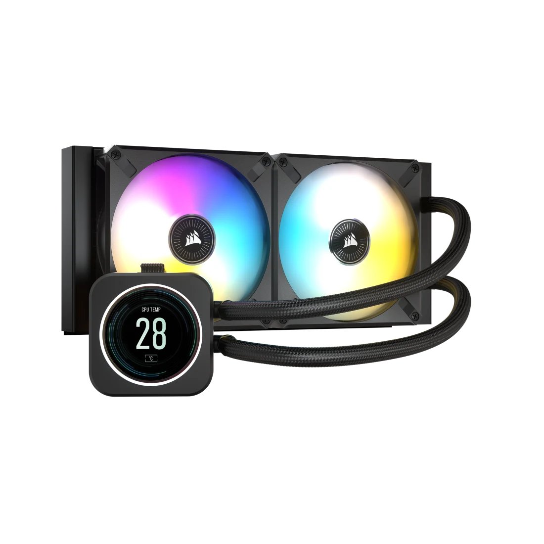 Corsair CW-9060061-WW H100i Elite+Lcd capellix 240mm cpu water cooling - with 2.1" iPS lcd screen ( 480x480 , 600cd/m2 , 16.7million colors , 24x RGB leds ) , Corsair Link for real-time monitoring and control - copper waterblock with 33x capellix RGB LED lighting on waterblock , pre-filled / closed-loop / sealed coolant system , 120x277x27mm aluminum radiator , Integrated low profile pump and improved cold plate , sealed reservoir for zero maintenance , with 2x ML120 RGB Elite ( 8x2 RGB leds with Magnetic Levitation ) PWM fan , 400-2000rpm ( support 0-RPM mode ) , 10-30dBA , 15-58CFM , 0.3-3mmH20 - for all Intel ( LGA1700 ready ) + all AMD ( sTRX4 ready )
