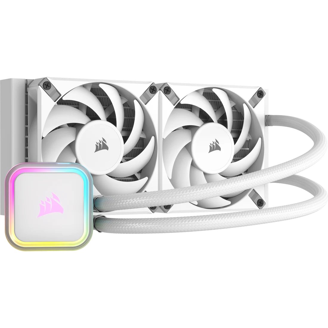 Corsair CW-9060078 H100i Elite Rgb White 240mm cpu water cooling - copper waterblock with 16x RGB LEDs , pre-filled / closed-loop / sealed coolant system , 120x277x27mm aluminum radiator , Integrated low profile pump and reservoir is sealed for zero maintenance , with 2x 120mm AF120 elite FDB fan , 400-1850rpm , 10.9-59.1CFM, 31.5dBA, 0.09-1.93mm/H2O- for all Intel + AMD AM4