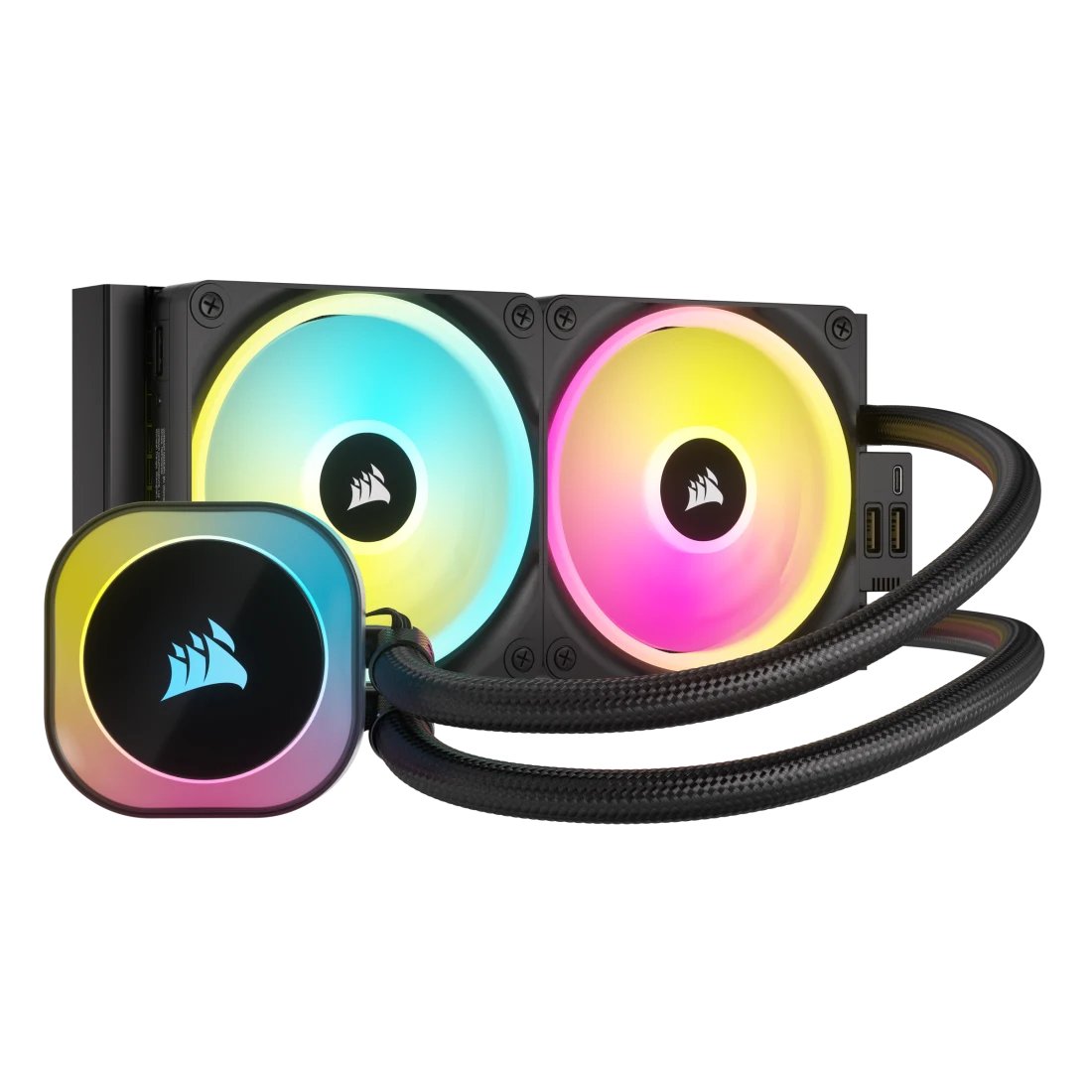 Corsair CW-9061001-WW - iCUE Link ( daisy chain ) H100i Rgb AiO 240mm cpu water cooling - with Corsair Link for real-time monitoring and control - copper waterblock with 33x capellix RGB LED lighting on waterblock , pre-filled / closed-loop / sealed coolant system , 120x277x27mm aluminum radiator , Integrated low profile pump and improved cold plate , sealed reservoir for zero maintenance , with iCUE LINK System Hub ( connect up to 14 devices ) + 2x QX120 RGB ( 34x2 RGB leds with magnetic dome bearing ) PWM fan , 480-2400rpm ( support 0-RPM mode ) , 16-63CFM , 0.17-3.8mm/H2o static pressure - for all Intel ( LGA1700 ready ) + all AMD ( sTRX4 ready )