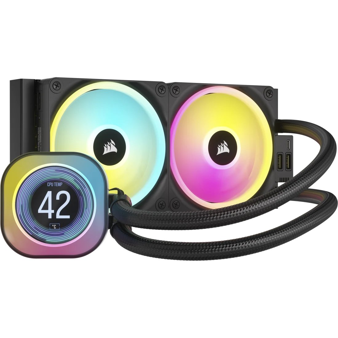 Corsair CW-9061007-WW - iCUE Link ( daisy chain ) H100i Rgb AiO +Lcd 240mm cpu water cooling - with 2.1" iPS lcd screen ( 480x480 , 600cd/m2 , 16.7million colors , 24x RGB leds ) + Corsair Link for real-time monitoring and control - copper waterblock with 33x capellix RGB LED lighting on waterblock , pre-filled / closed-loop / sealed coolant system , 120x277x27mm aluminum radiator , Integrated low profile pump and improved cold plate , sealed reservoir for zero maintenance , with iCUE LINK System Hub ( connect up to 14 devices ) + 2x QX120 RGB ( 34x2 RGB leds with magnetic dome bearing ) PWM fan , 480-2400rpm ( support 0-RPM mode ) , 16-63CFM , 0.17-3.8mm/H2o static pressure - for all Intel ( LGA1700 ready ) + all AMD ( sTRX4 ready )