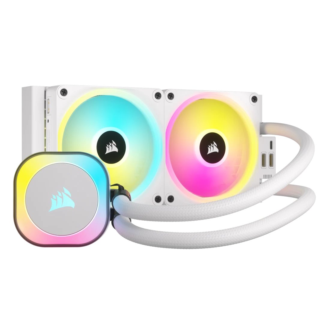 Corsair CW-9061005-WW - iCUE Link ( daisy chain ) H100i Rgb AiO White 240mm cpu water cooling - with Corsair Link for real-time monitoring and control - copper waterblock with 33x capellix RGB LED lighting on waterblock , pre-filled / closed-loop / sealed coolant system , 120x277x27mm aluminum radiator , Integrated low profile pump and improved cold plate , sealed reservoir for zero maintenance , with iCUE LINK System Hub ( connect up to 14 devices ) + 2x QX120 RGB ( 34x2 RGB leds with magnetic dome bearing ) PWM fan , 480-2400rpm ( support 0-RPM mode ) , 16-63CFM , 0.17-3.8mm/H2o static pressure - for all Intel ( LGA1700 ready ) + all AMD ( sTRX4 ready )