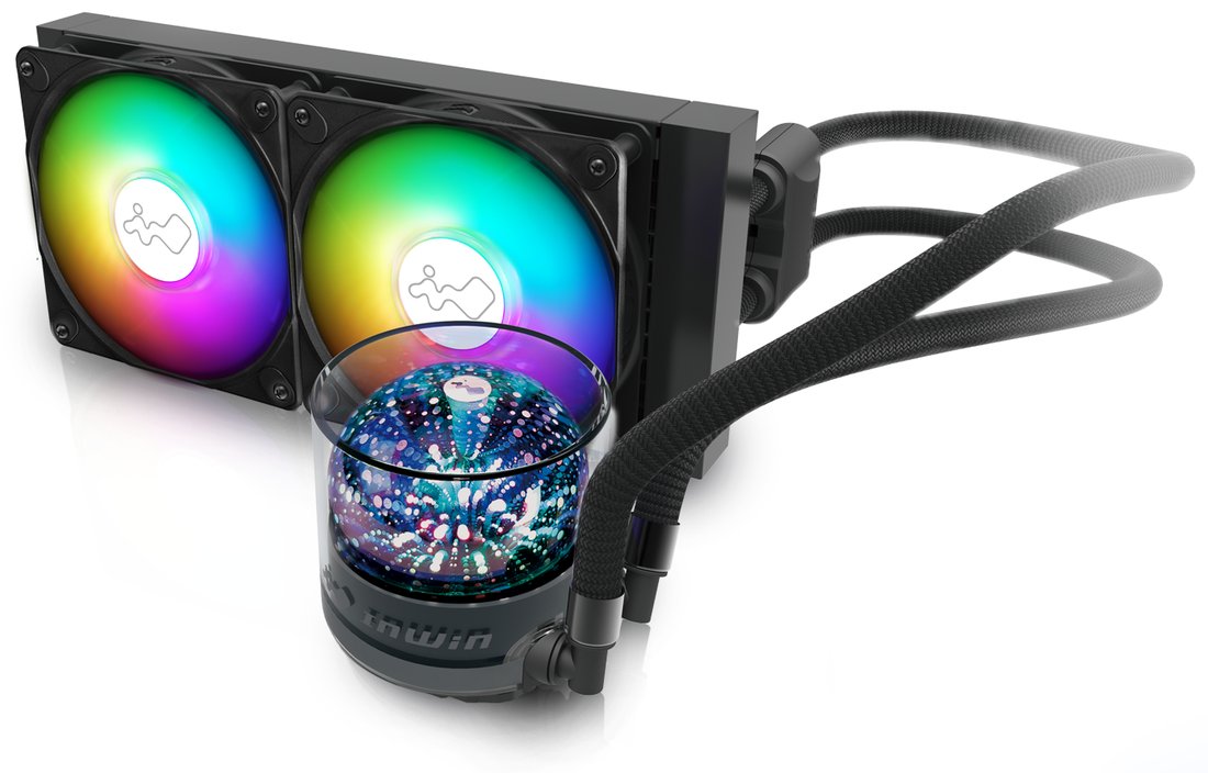 In-win NR24 Nebula Rgb 240mm cpu water cooling with one-click controller - dual-chamber anodized aluminium pump with microchannel fins , with Nebulas Infinite Shining Stars , 120x277x27mm aluminum radiator , with 2x 120mm Luna aRGB PWM fan , 400-1800rpm ( support 0-RPM mode ) , 25dBA , 83CFM , 2.31mmH20 - for all Intel ( LGA1700 ready ) + all AMD