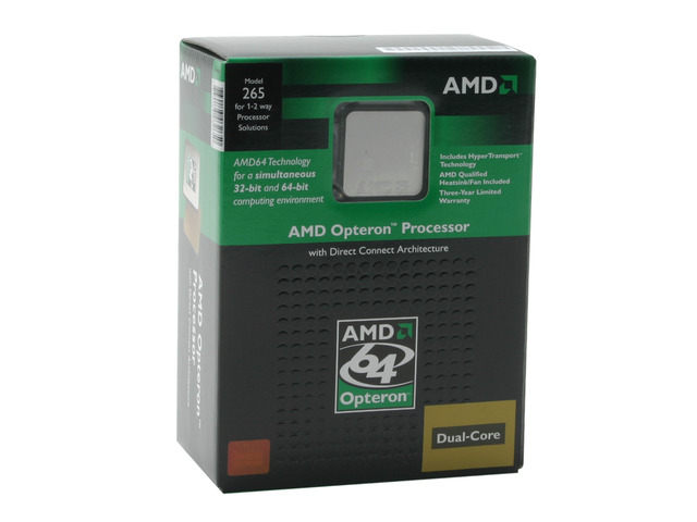 Amd oSA265FAA6CB socket 940 , opteron x2 265 , 2 cores ( 1.8ghz base clock ) , no built-in graphics - 128k L1 + 1mb L2 cache ; intergrated dual channel memory controller , 90nm , 95w TDP - box cpu with fan