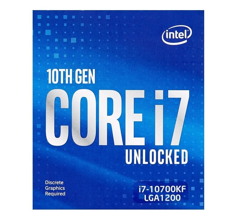 Intel coMet lake lga1200 i7-10700KF - 8 cores+Hyper-Threading / 16 threads , 3.8Ghz box cpu / 5.1Ghz turbo boost , unlocked clock multiplier , 14nm , SSE4 , AVX2 , BMi, FMA3, SBA , no vPro , TSX , VT-x + VT-d + AES-N , built-in dual channel DDR4-2933 ( non-ECC only ) memory controller , 45.8Gb/sec memory bandwidth , no built-in graphics , 2mb L2 cache + 16mb L3 cache , 125w - Quick Sync Video + InTru 3D + Insider + Clear Video HD + Triple Display Capable + wireless display Capable - box cpu with no fan