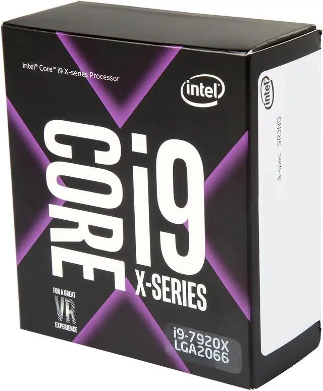 Intel skylake-X lga2066 i9-7920X - 12 cores + Hyper-Threading / 24 threads , 2.9Ghz box cpu / 4.3Ghz turbo boost , 44x PCIe lanes . 14nm , SSE4.2 , AVX-512 ( 512bit Advanced Vector eXtensions ) , BMi2, FMA3, VT-x + VT-d + AES-N , built-in Quad channel DDR4-2666 ( non-ECC only ) memory controller , support upto 128Gb , 79.47GB/sec memory bandwidth , 12mb L2 cache + 16.5mb L3 cache , 140w - box cpu with no fan