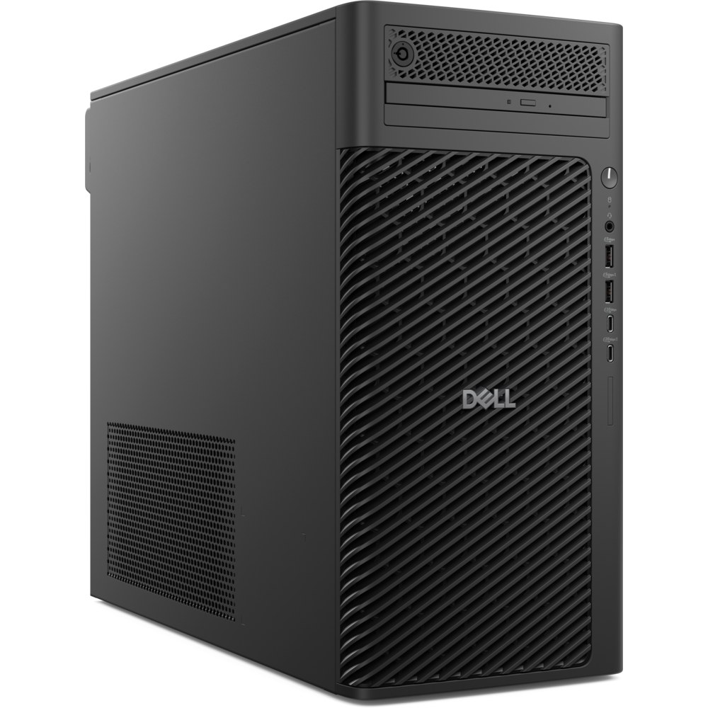 Dell Pro Max Tower T2 , Intel Core Ultra 7 265 (30 MB cache, 20 cores, 20 threads, 1.8 GHz to 5.3 GHz, 65W) , 16GB: 2 x 8 GB, DDR5, 5600 MT/s, non-ECC, 512GB SSD TLC with DRAM M.2 2280 PCIe Gen4 SED Ready, No Optical Drive, C1 M.2 SSD Boot, Windows 11 Pro, English, Dutch, French, German, Italian, NVIDIA(R) RTX(TM) A400, 4 GB GDDR6, 4 mDP to DP adapters, Dell Multimedia Wired Keyboard - KB216 Black - US International, No Raid, RJ45 Ethernet port, 1GbE, 3YR ProSupport, , , , ,