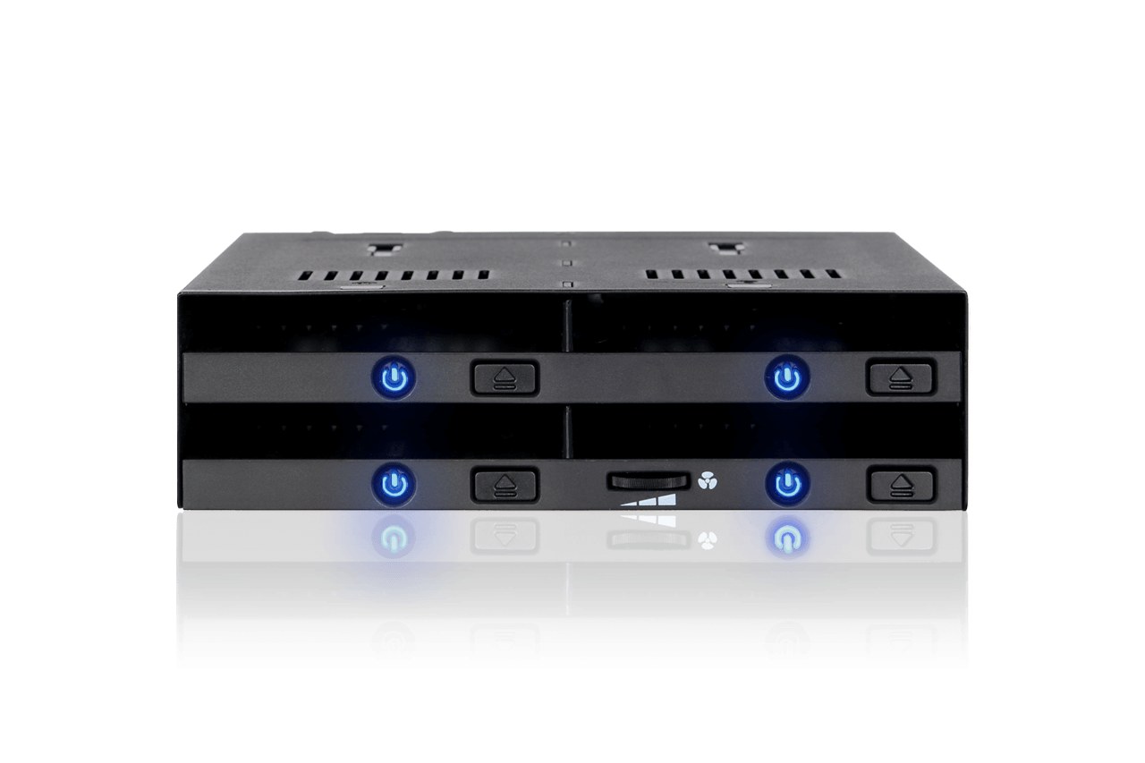 iCYDOCK mb524sp-b trayless mobile rack , blacK - for upto 4x 9.5mm 2.5" SATA6G /SAS in 5.25" bay , with power buttons + LED , push and eject design - full metal construction , 1x 40mm fan