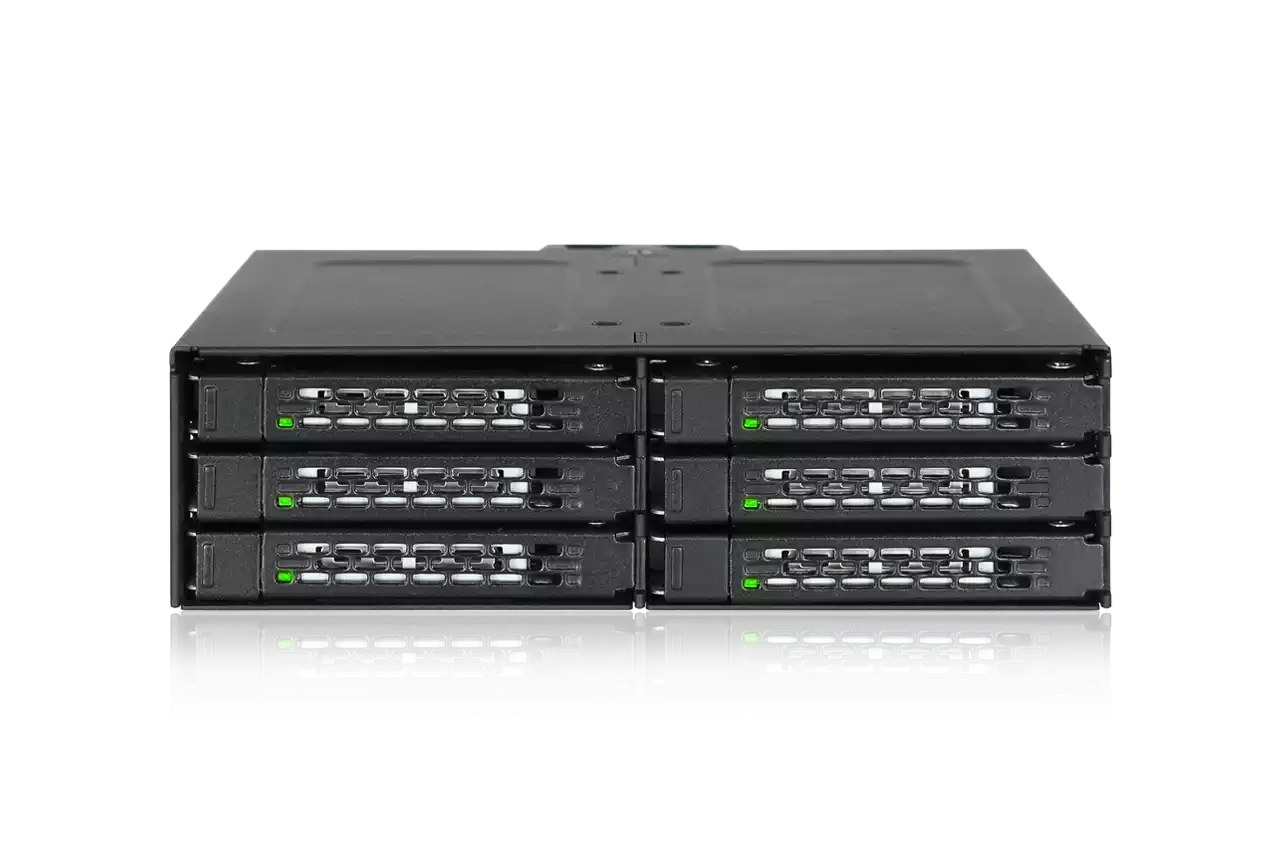 iCYDOCK ToughArmor mb608sp-b mobile rack , blacK - for 6x 2.5" ( 9.5mm ) SAS/SATA6G HDin 5.25" bay , with latch-lock , ideal for upto to raid 0+1/10/5 in limited space , push and eject design - ToughArmor heavy duty metal construction , hot-swappable inner tray exchangable with MB508/MB608/MB992/MB996 , 1x 40mm fan with fan speed control - 2x sata power required