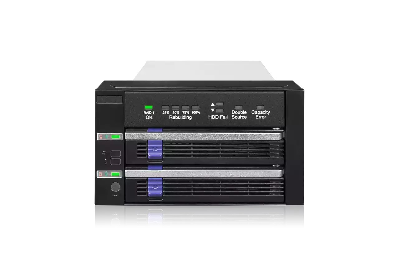 iCYDOCK mb901spR-b mobile rack with built-in Raid 1/mirror + advanced RAID status LED indicators , blacK - for 2x 2.5"/3.5" SATA6G HDD in 2x 5.25" bay , with latch-lock - ToughArmor heavy duty metal construction , hot-swappable inner tray exchangable with MB508/MB601/MB607/MB699/MB991/MB994 series - 2x SATA power required