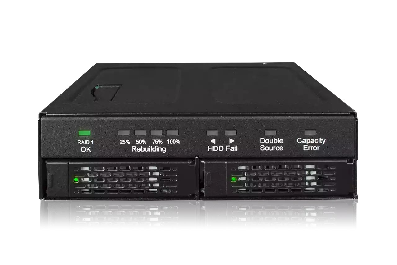iCYDOCK ToughArmor mb902spR-b mobile rack with built-in Raid 1/mirror + advanced RAID status LED indicators , blacK - for 2x 2.5" ( 15mm ) SATA6G in 5.25" bay , with latch-lock - ToughArmor heavy duty metal construction , hot-swappable inner tray exchangable with MB508/MB601/MB607/MB699/MB991/MB994 series - 1x SATA power required