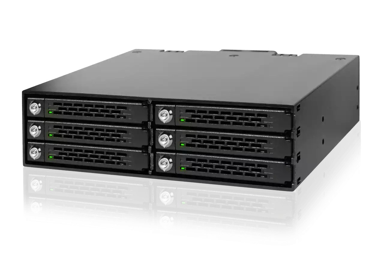 iCYDOCK ToughArmor mb996sk-6sb mobile rack , blacK - for 6x 2.5" ( 9.5mm ) SAS/SATA6G in 5.25" bay , with 6x key-lock for each drive , ideal for upto to raid 0+1/10/5 in limited space , push and eject design - ToughArmor heavy duty metal construction , hot-swappable inner tray exchangable with MB508/MB608/MB992/MB996 , 1x 40mm fan with fan speed control - 2x 4pin molex power required