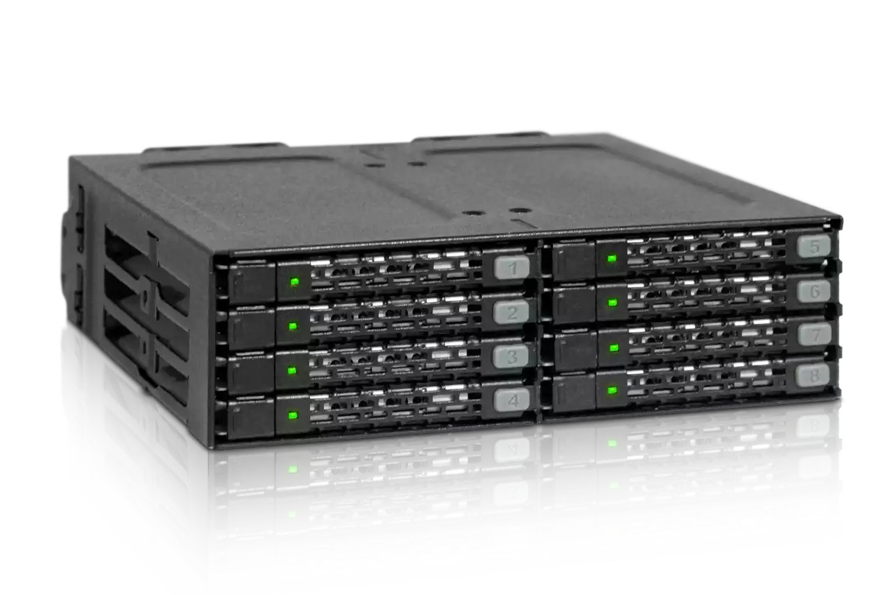 iCYDOCK ToughArmor mb998SP-b mobile rack , blacK - for 8x 2.5" ( 7mm ) SATA6G in 5.25" bay , with latch-lock , ideal for upto to raid 0+1/10/5 in limited space , ToughArmor heavy duty metal construction , hot-swappable inner tray , latch lock , 2x 40mm fan - 2x SATA power required