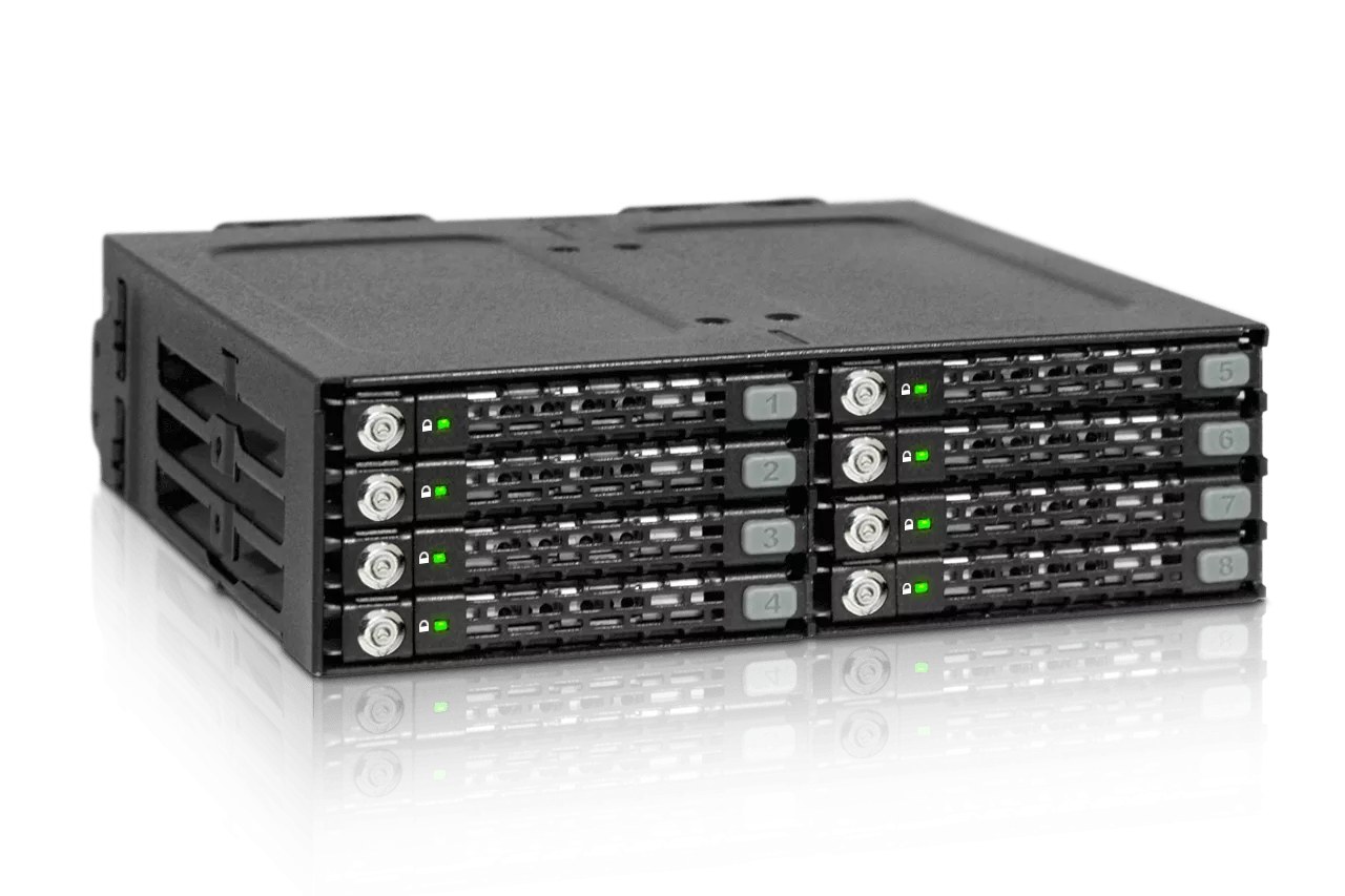 iCYDOCK ToughArmor mb998Sk-b mobile rack , blacK - for 8x 2.5" ( 7mm ) SATA6G in 5.25" bay , with 8x key-lock for each drive , ideal for upto to raid 0+1/10/5 in limited space , ToughArmor heavy duty metal construction , hot-swappable inner tray , latch lock , 2x 40mm fan - 2x SATA power required
