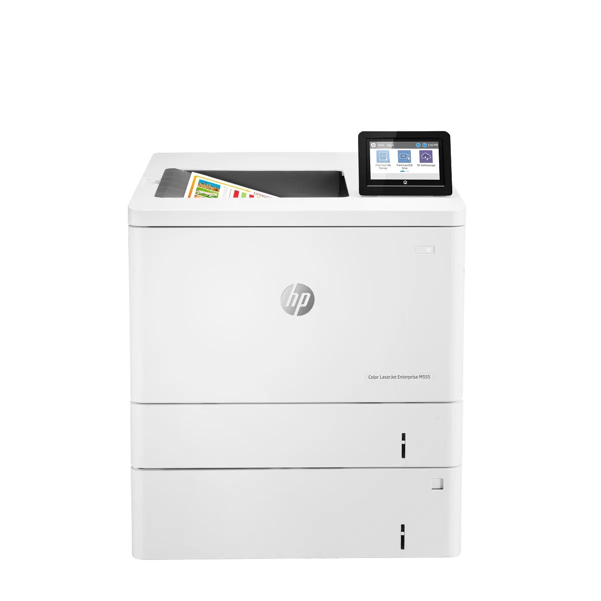 HP 7ZU79A laserjet enterprise Color M555X - auto duplex printing unit + network ready ( wireless + gigabit ) + 10.92cm touchscreen colour graphic display ; 1200MHz processor , 1Gb memory up to 2Gb + 4GB non-volatile storage , 1200x1200dpi ; 38ppm , HP Imageret 3600 , 650 (100+550)s input tray upto 2300 , 250s output , duty : 80000pages per month - 1+2 USB + UTP