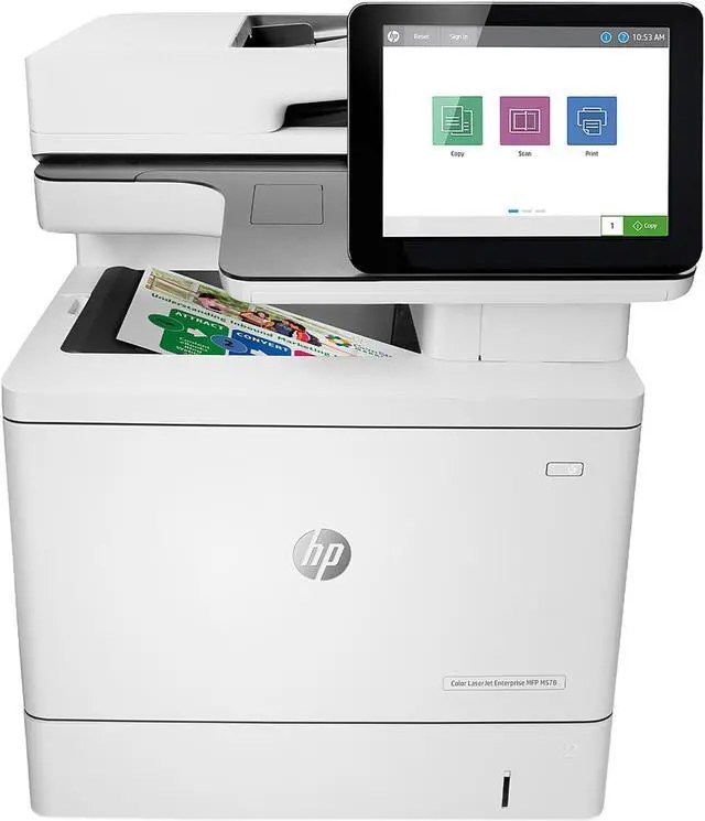 HP 7ZU85A laserjet enterprise Color M578DN O-in-1 - Print-Scan-Copy , with auto duplex printing unit + 100 sheets single-pass duplex ADF + gigabit network ready + 20.32cm color touchscreen LCD : 1200 Mhz processor , 1.75gb DDR3 memory up to 3.75gb + 500Gb secure HDD with 256bit AES , 38ppm , HP Imageret 3600 , 1200x1200dpi , 650 (100+550)s input tray upto 2300 , 250s output , duty: 80000 pages per month ; scan: 600dpi , 43/38ppm , scan to email ; standalone copy, 9999 mutiple copies, 25-400% , fax module optional - 3x usb2.0 + UTP + HIP
