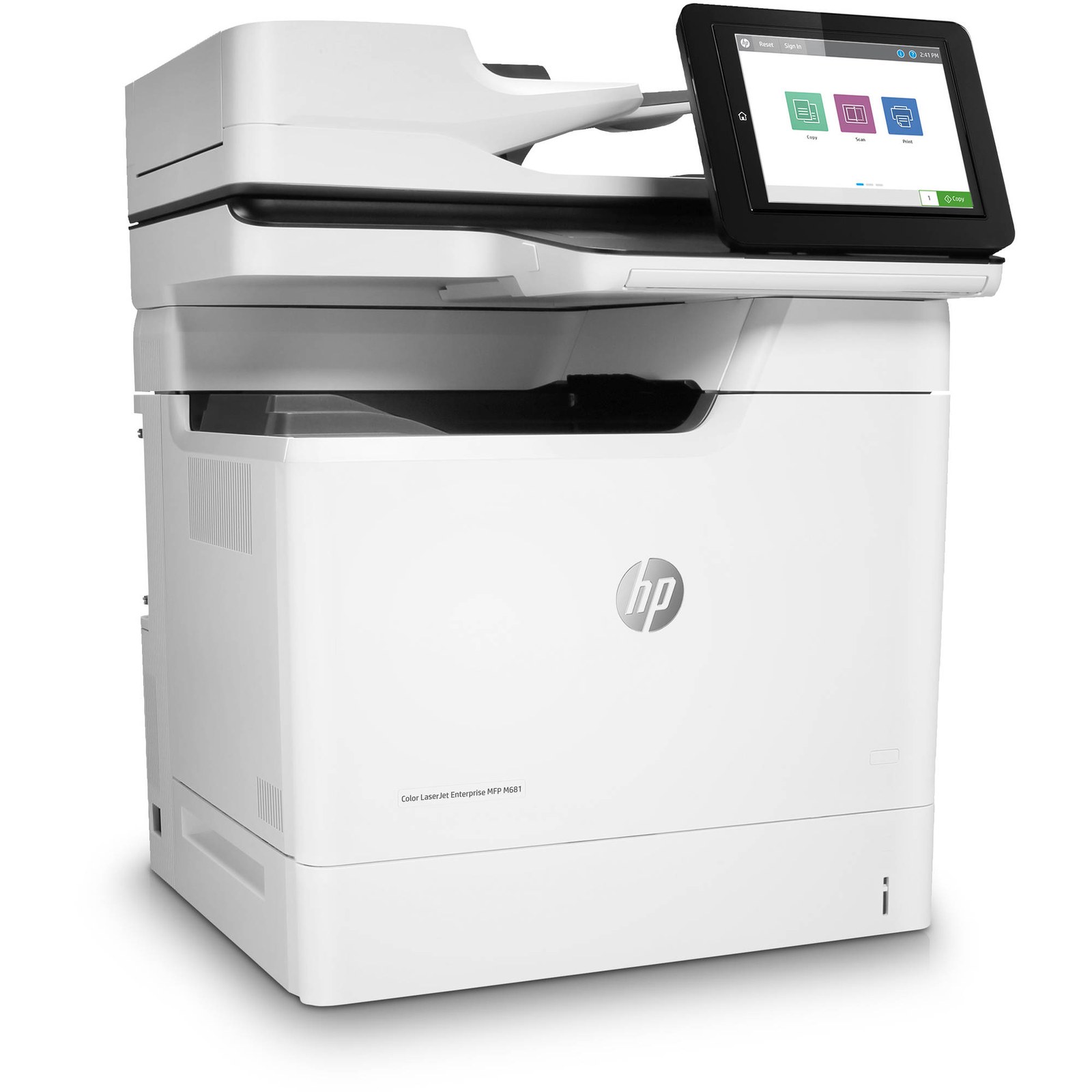 HP J8A10A laserjet enterprise Color M681DH O-in-1 - Print-Scan-Copy , with 20.32cm touchscreen color SVGA LCD + auto duplex printing unit + 150s single-pass duplex ADF + gigabit network ready : 1200 MHz processor , 1.5GB + 512mb memory up to 2.5GB + 320Gb secure HDD with 256bit AES , 47ppm , 1200x1200 dpi , 650 (100+550)s input tray upto 3200 , 500s output upto 900 , duty: 100000 pages per month ; scan: 69ipm , 600dpi , scan to email ; standalone copy , 47cpm , 9999 mutiple copies , 25-400% ; support optional module : Fax CC487A , wireless J8030A - 3x usb2.0 + UTP