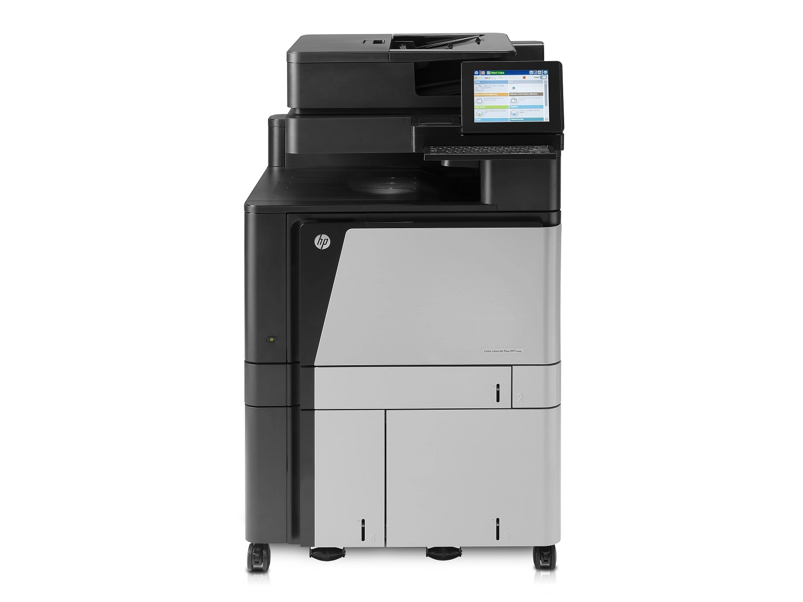 HP A2W76A enterprise flow laser Color M880Z+ O-in-1 A3+ wide format - Print-Scan-Copy-Fax , with 20.32cm touchscreen color SVGA angle adjustable LCD + auto Duplex printing unit + 200s duplex ADF + gigabit network ready : 800 MHz intel LE80578 processor , 2.5Gb memory + 320Gb secure HDD with 256bit AES , 46ppm, 1200 dpi, 4100 (100+500+1500+2000)s input tray , 500s output upto 3000 , duty: 200000 pages per month ; scan: 600dpi, scan to email; standalone copy, 46cpm, 9999 mutiple copies, 25-400% , as standalone fax with 33.6k modem , 100x speed dial - 3x usb2.0 + UTP