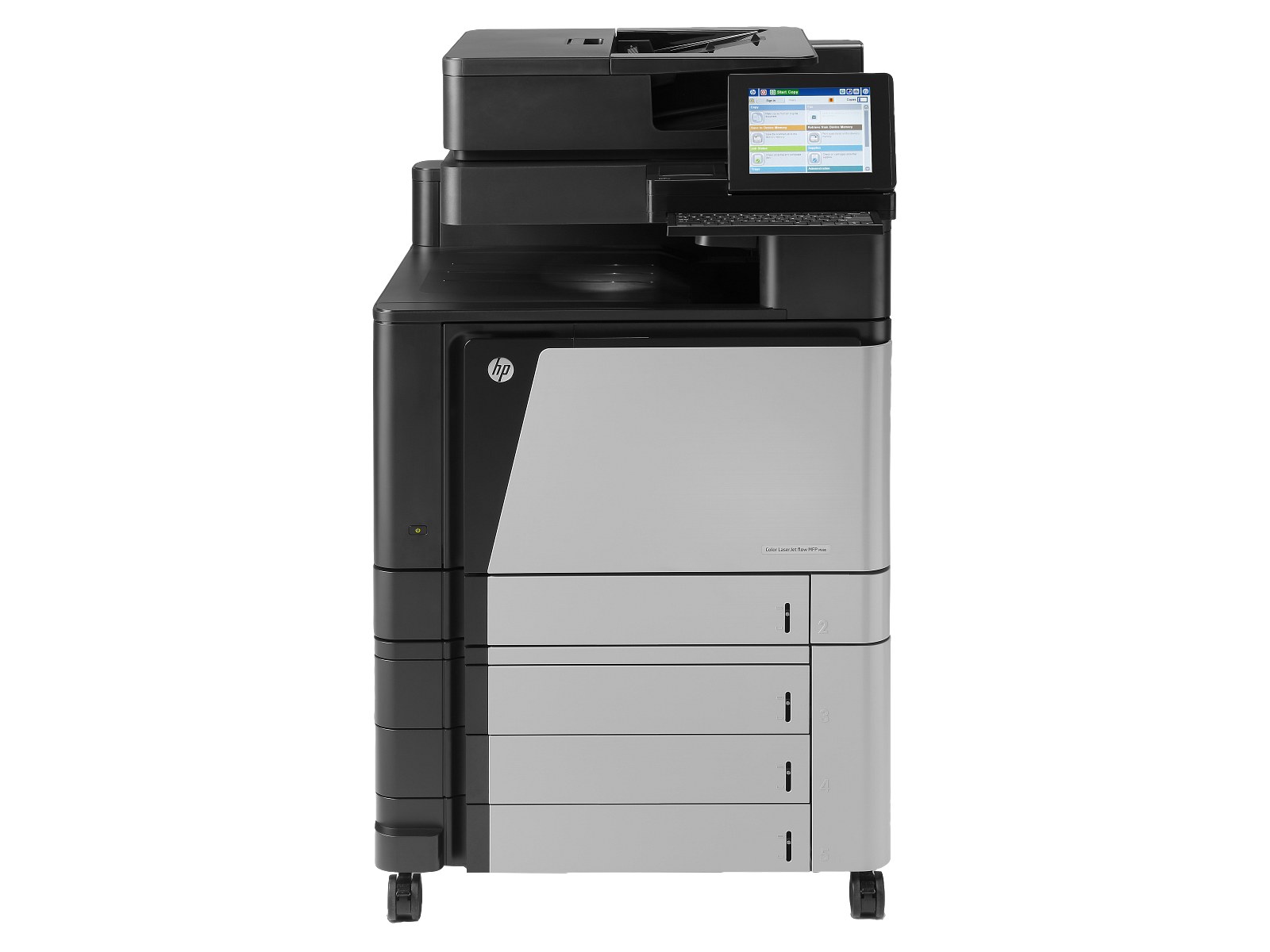 HP A2W75A enterprise flow laser Color M880Z O-in-1 A3+ wide format - Print-Scan-Copy-Fax , with 20.32cm touchscreen color SVGA angle adjustable LCD + auto Duplex printing unit + 200s duplex ADF + gigabit network ready : 800 MHz intel LE80578 processor , 2.5Gb memory + 320Gb secure HDD with 256bit AES , 46ppm, 1200 dpi, 2100 (100+4x500)s input tray , 500s output upto 3000 , duty: 200000 pages per month ; scan: 600dpi, scan to email; standalone copy, 46cpm, 9999 mutiple copies, 25-400% , as standalone fax with 33.6k modem , 100x speed dial - 3x usb2.0 + UTP