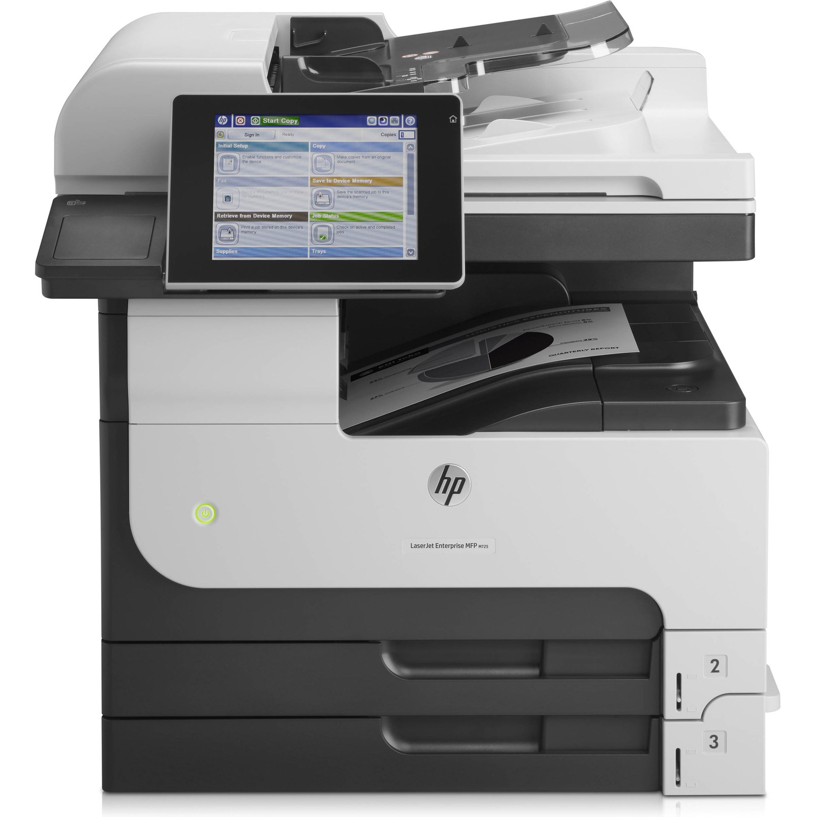 HP CF066A laserjet enterprise MFP M725F O-in-1 - A3+ wide format - Print-Scan-Copy , with 100 sheets duplex ADF + auto duplex printing unit + gigabit network ready + 20.32cm touchscreen color SVGA LCD : 800 MHz RISC processor , 1Gb ddr upto 1.5Gb + 320Gb secure HDD with 256bit AES , 41ppm, 1200/1200 dpi, 600 (100+250+250)s input tray upto 4100, 250s output tray , duty: 200k pages per month; scan: 600x600/9600dpi, scan to email; standalone copy , 9999 mutiple copies, 25-400% - 3xUSB + UTP
