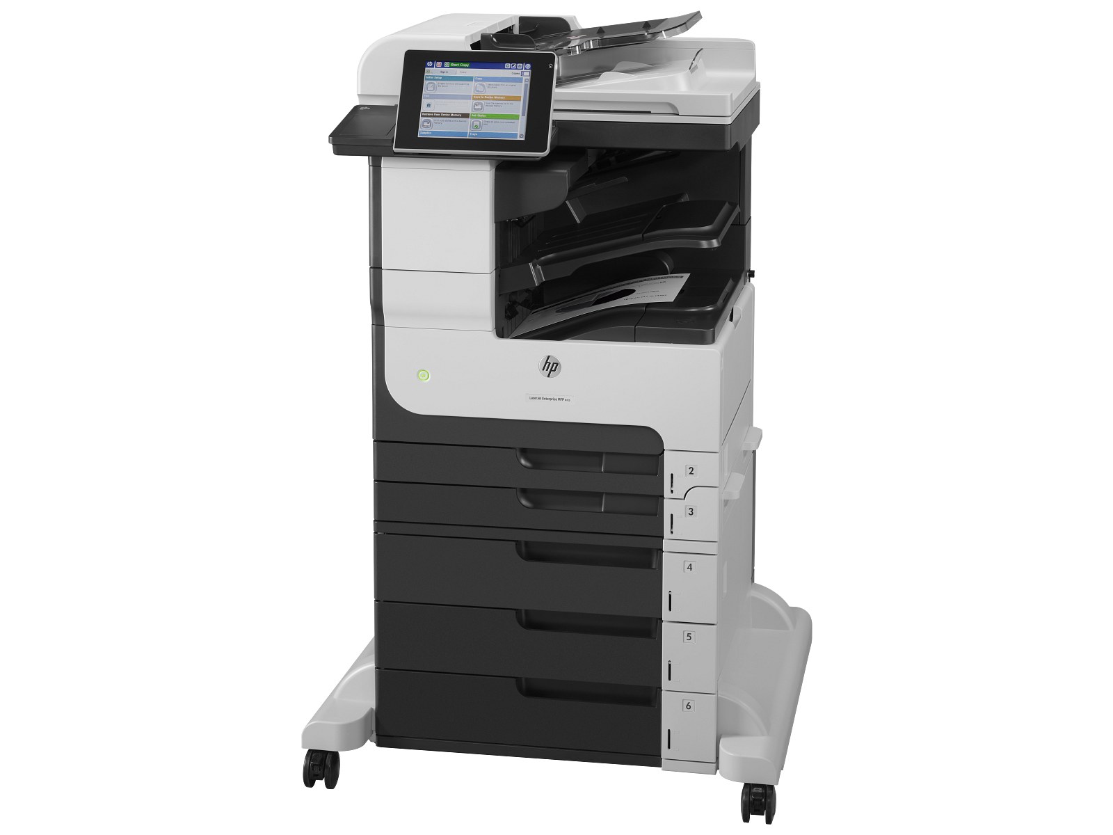 HP CF068A laserjet enterprise MFP M725Z O-in-1 - A3+ wide format - Print-Scan-Copy-FAX , with 100 sheets duplex ADF + auto duplex printing unit + gigabit network ready + 20.32cm touchscreen color SVGA LCD : 800 MHz RISC processor , 1Gb ddr upto 1.5Gb + 320Gb secure HDD with 256bit AES , 41ppm, 1200/1200 dpi, 2100 (100+250+250+3x500)s input tray upto 4100, 250s output tray + 500s inline stapler/stacker , duty: 200k pages per month; scan: 600x600/9600dpi, scan to email; standalone copy , 9999 mutiple copies, 25-400% ; as standalone fax with 33.6k modem , 100pages fax memory , 100 speed dial - 3xUSB + UTP