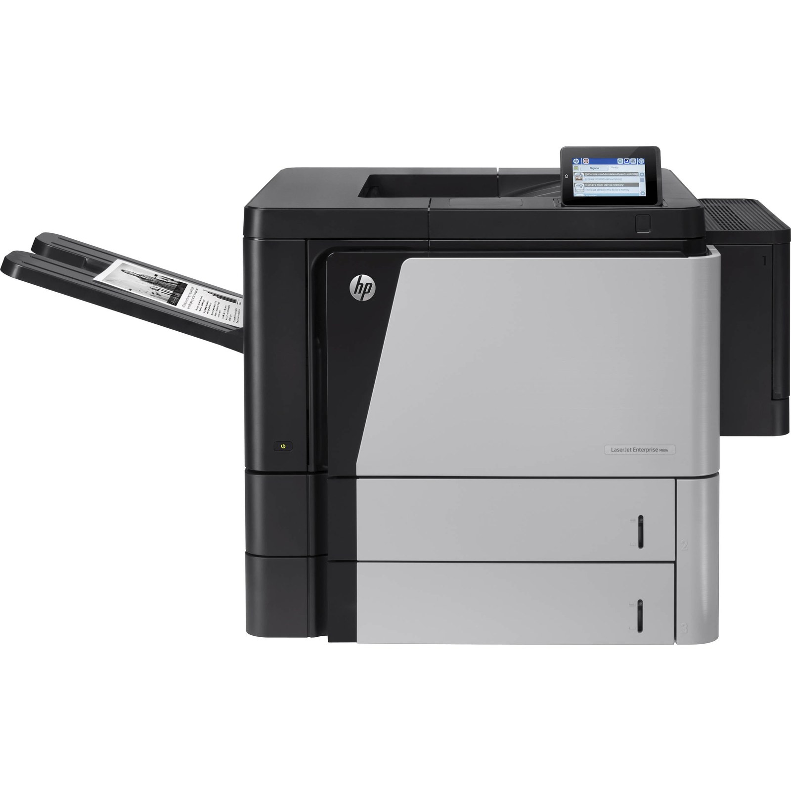HP CZ244A enterprise laser M806DN A3+ wide format - with auto duplex printing unit + gigabit network ready + 10.9cm touchscreen color WQVGA LCD ; 533 MHz 20Kc MIPS processor , 1Gb ddr upto 1.5Gb , 1200x1200dpi , 56ppm , 1100 (100+500+500)s input tray upto 4600 , 600 (500+100)s output upto 3600 , duty : 300000pages per month , auto duplex printing unit optional - 3xUSB + UTP