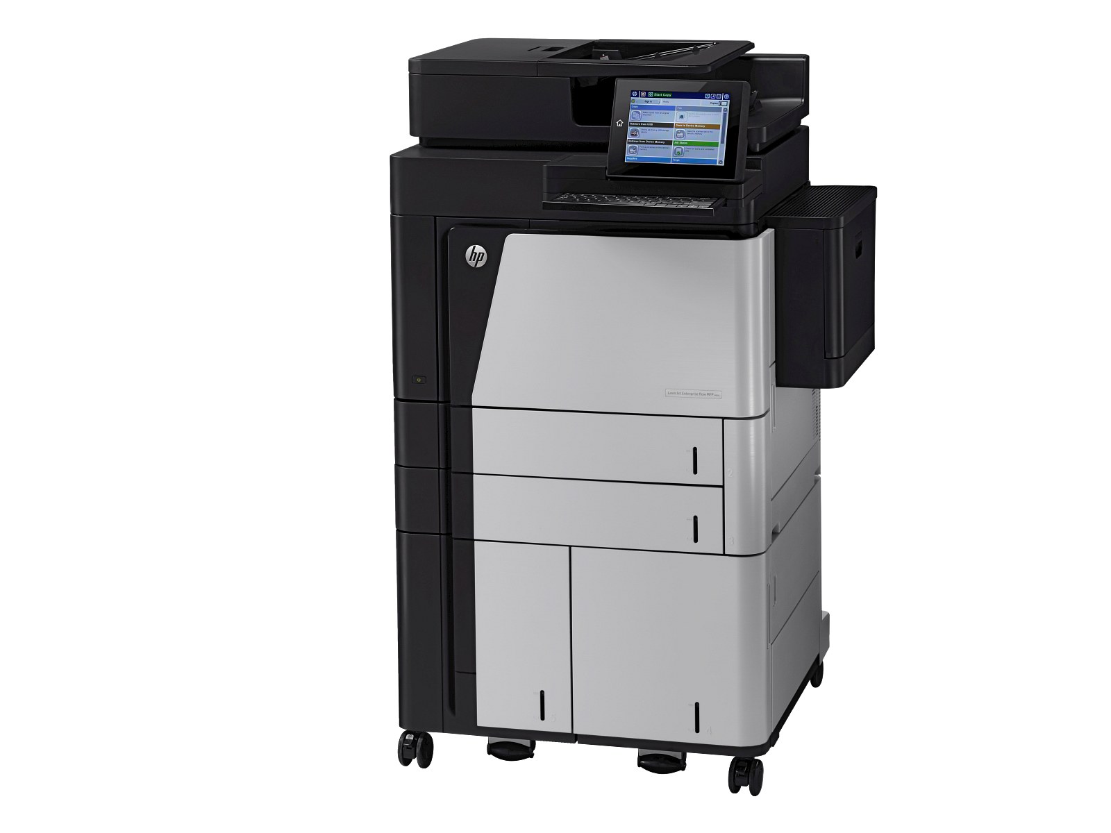 HP CF367A laserjet enterprise flow M830Z O-in-1 - A3+ wide format - Print-Scan-Copy-FAX , with 200 sheets duplex ADF + auto duplex printing unit + gigabit network ready + 20.32cm touchscreen color SVGA LCD : 800 MHz RISC processor , 1Gb ddr upto 1.5Gb + 320Gb secure HDD with 256bit AES , 56ppm, 1200/1200 dpi, 4600 (100+500+500+3500)s input tray, 3500s output tray with stapler/stacker , duty: 300k pages per month; scan: 600x600/9600dpi, scan to email; standalone copy , 999 mutiple copies, 25-400% ; as standalone fax with 33.6k modem , 500pages fax memory , 100 speed dial - 3xUSB + UTP