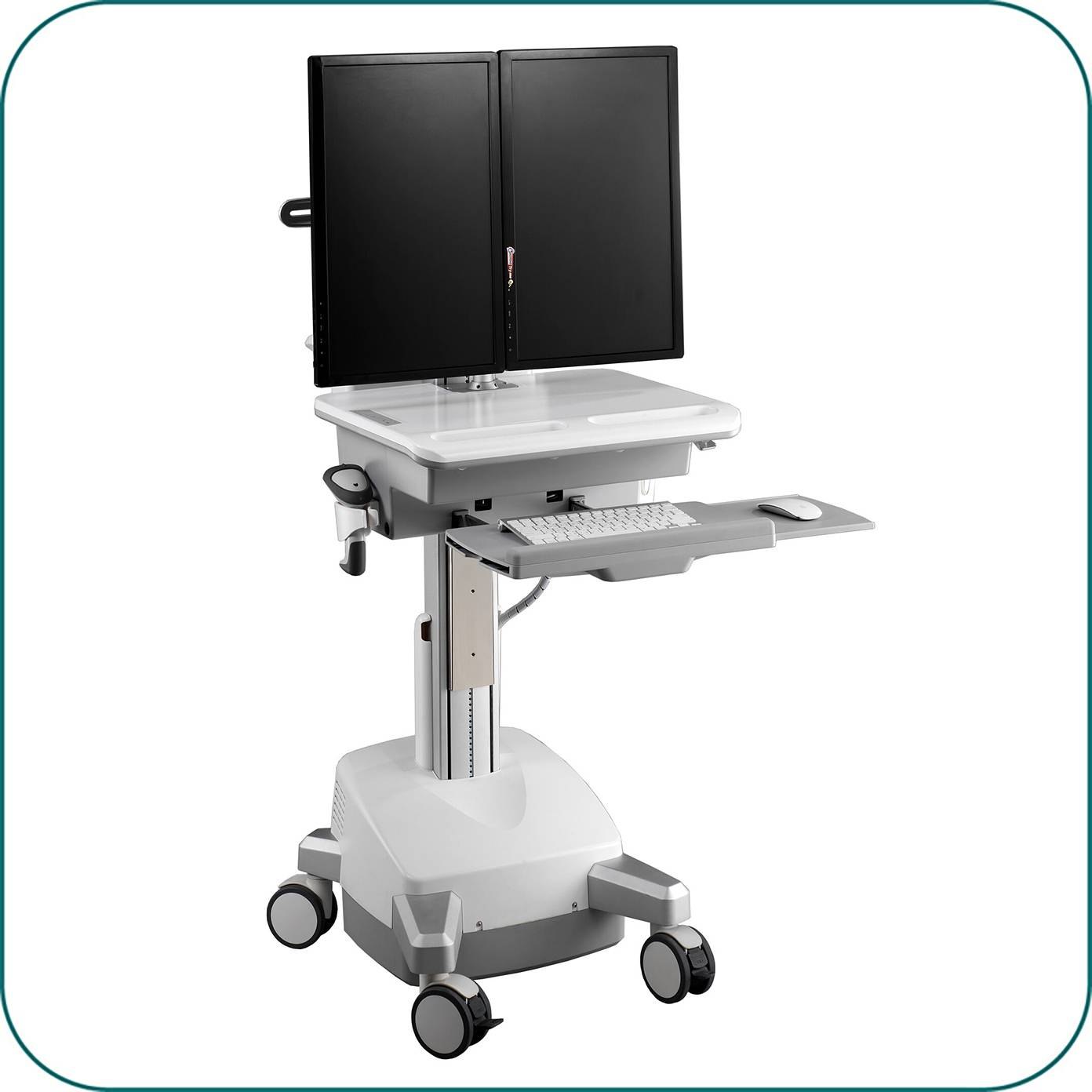 Aavara CED01 mobile/medical workstation cart ( Dual display ) with e-lift ( electrical height adjustment ) - 4 wheels with lock , support up to 2x 24"/8KGs LED with 40 tilt + 360 rotation , 205+500mm height adjustable , with modularized PC holder/ scanner holder / keyboard+mousepad tray / storage space and device supporter , ExperTorque technology + smart cable management , VESA mounting : 100x100 / 75x75mm , support up to 52"/35Kg