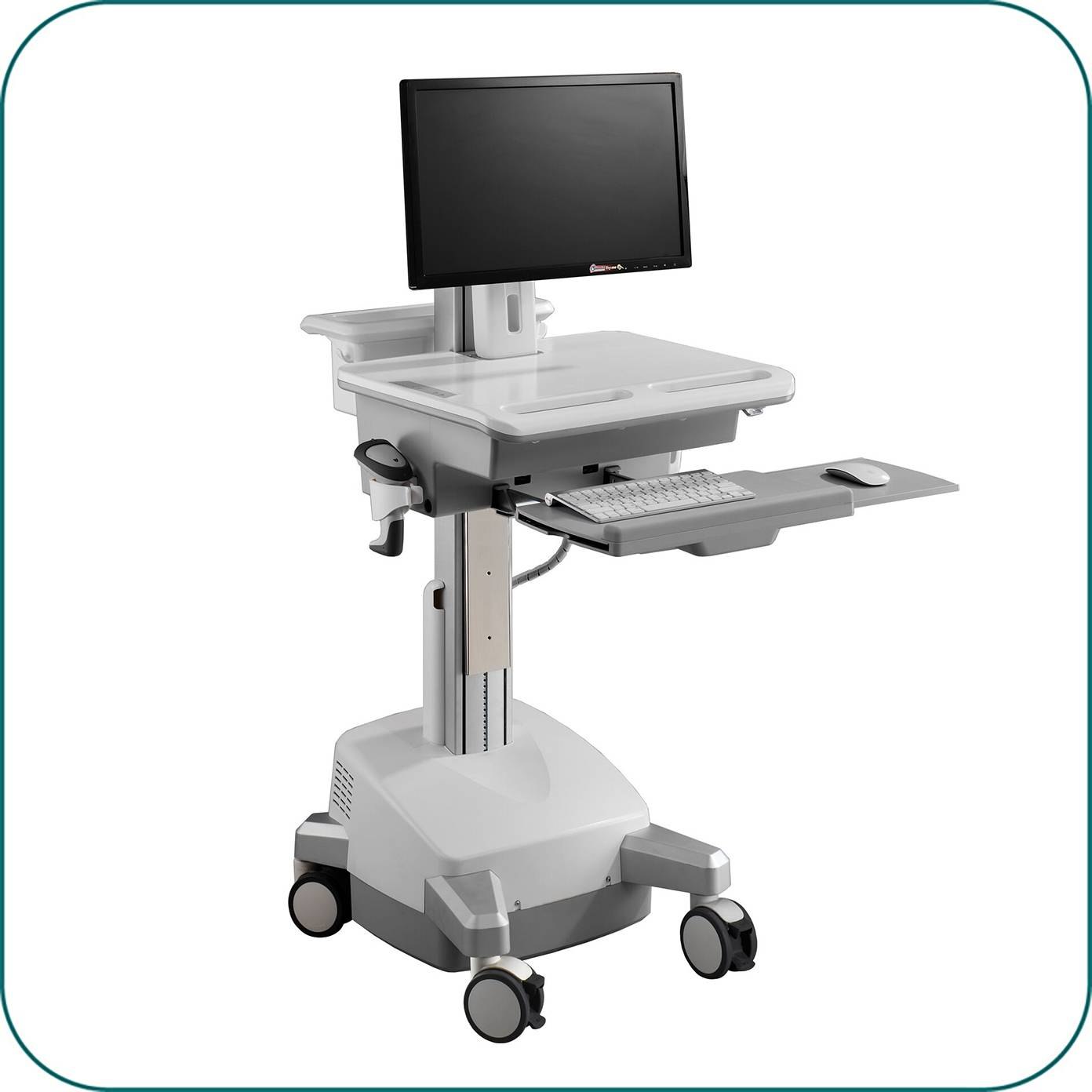Aavara CEH01 mobile/medical workstation cart with e-lift ( electrical height adjustment )- 4 wheels with lock , support up to 24"/8KGs LED with 30 tilt + 360 rotation , 130+500mm height adjustable , with modularized PC holder/ scanner holder / keyboard+mousepad tray / storage space and device supporter , ExperTorque technology + smart cable management , VESA mounting : 100x100 / 75x75mm , support up to 52"/35Kg