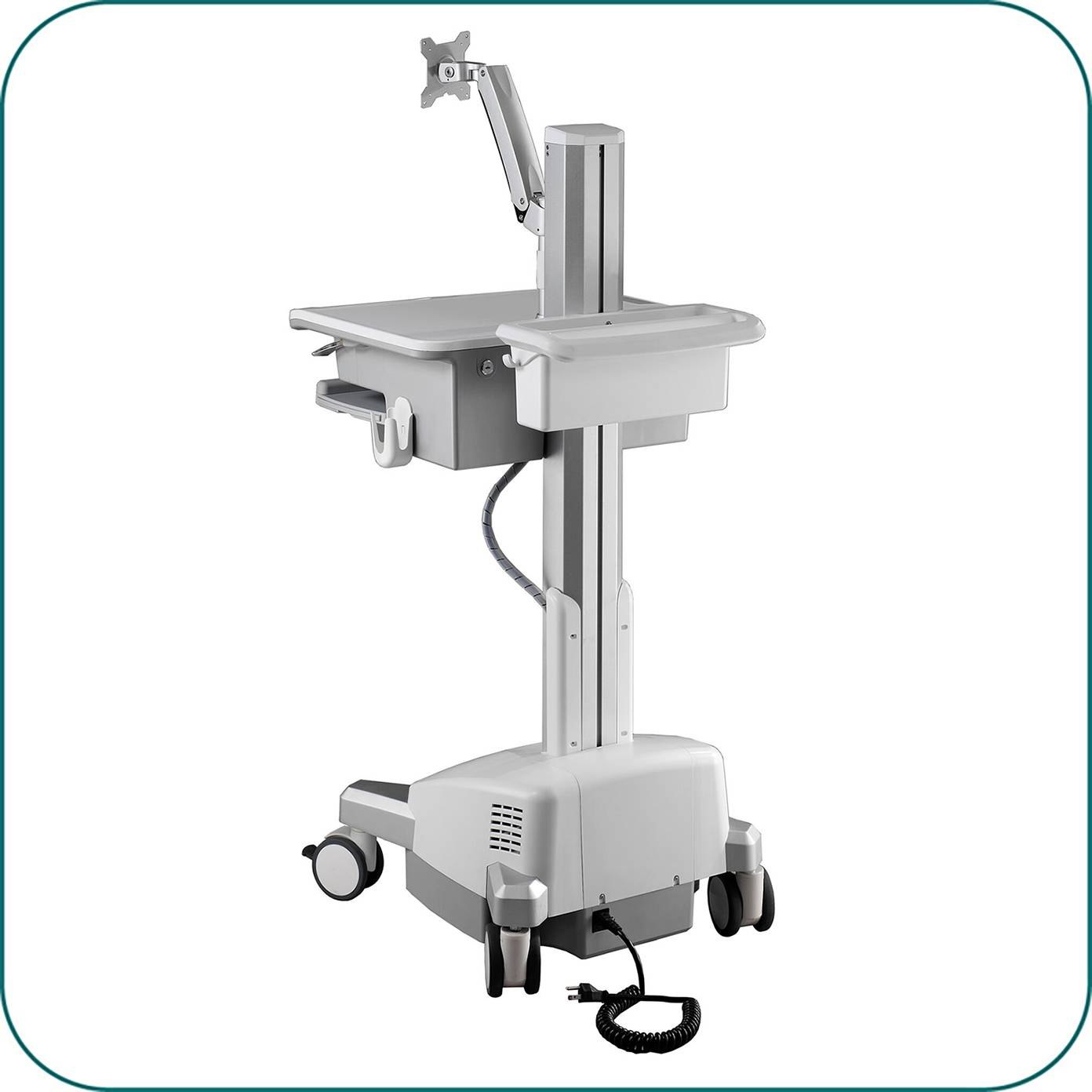 Aavara CER01 mobile/medical workstation cart ( with display arm ) with e-lift ( electrical height adjustment ) - 4 wheels with lock , support up to 24"/8KGs LED with 30 tilt + 360 rotation , 130+500mm height adjustable , with modularized PC holder/ scanner holder / keyboard+mousepad tray / storage space and device supporter , ExperTorque technology + smart cable management , VESA mounting : 100x100 / 75x75mm , support up to 52"/35Kg