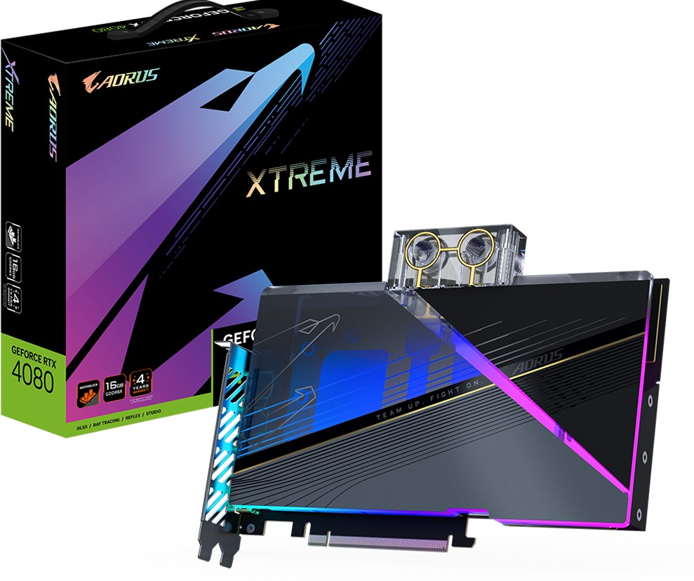 Gigabyte GV-N4080AORUSX WB-16GD - rtx4080 Aorus Xtreme Waterforce WaterBlock ( custom watercooling required ) - 235x169x29mm , 2 slots required , 4nm , Pci-E 4.0 16x , 16Gb 256bit DDR6X (716.8Gb/sec memory transfer ) , RoPs : 112 , 9728 cuda cores , Tensor / RT cores : 304/76 with 9.5mb L1 + 64mb L2 cache , 281 GPexels/Sec , 762 GTexels/Sec , 48740 GFLoPS , 304x TMUs , core clock : 2505/2565mhz ; memory : 22400mhz , 3x DP+ 3x HDMi - require 3x8pin or 1x16pin power connector